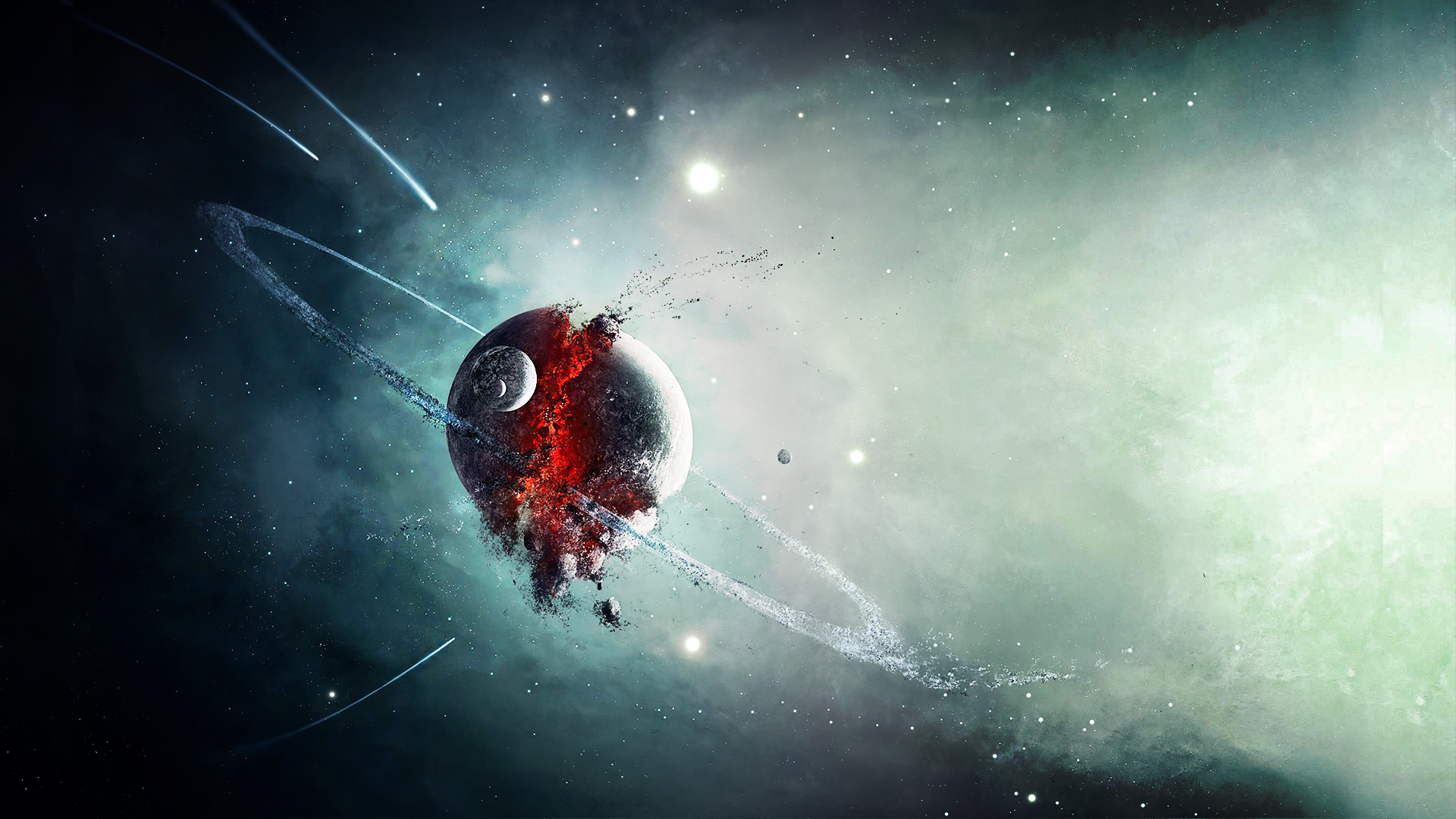 Exploding planet with rings in outer space HD Wallpaper