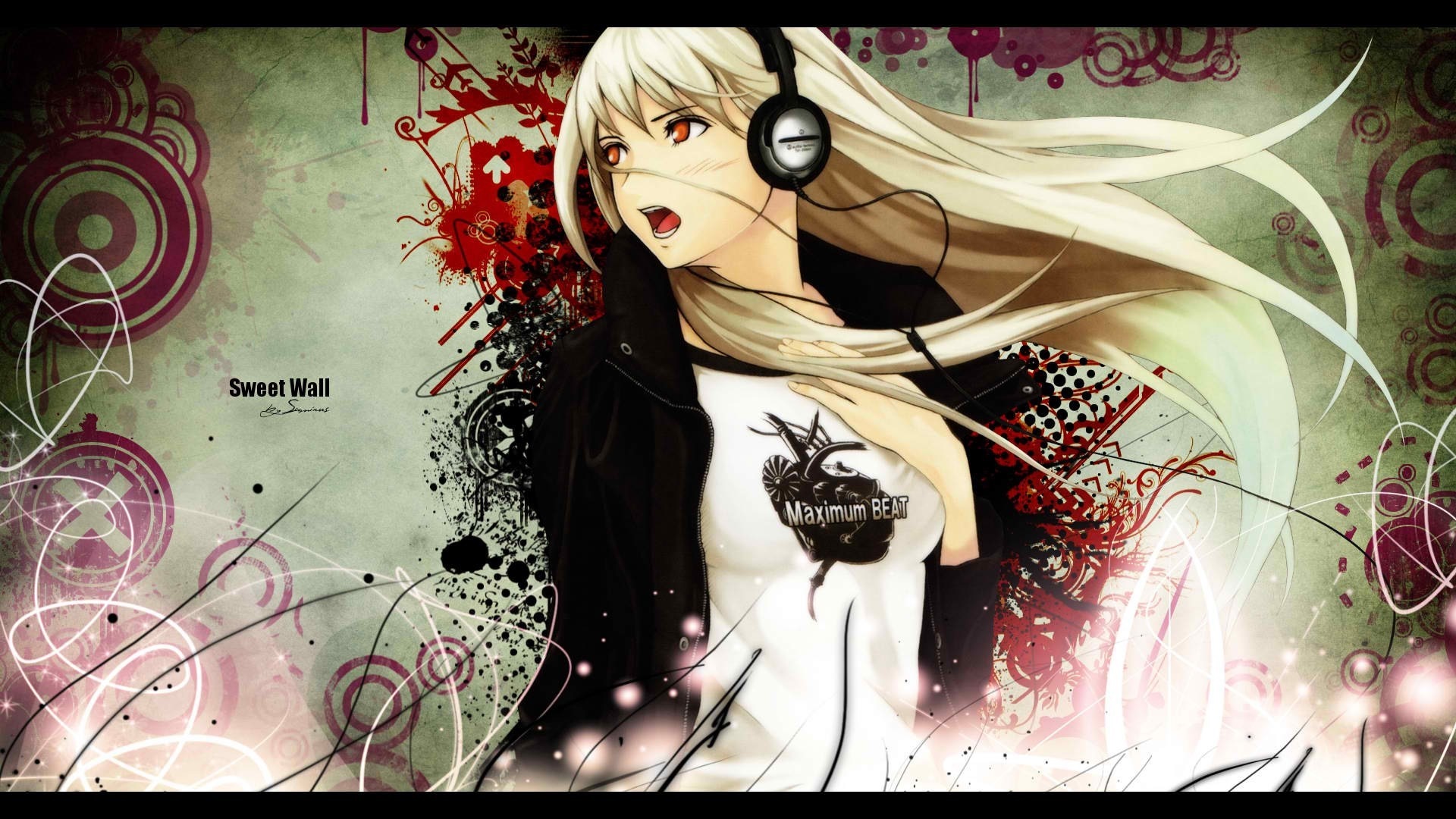 Anime girl with headphones and "Maximum Beat" shirt HD Wallpaper