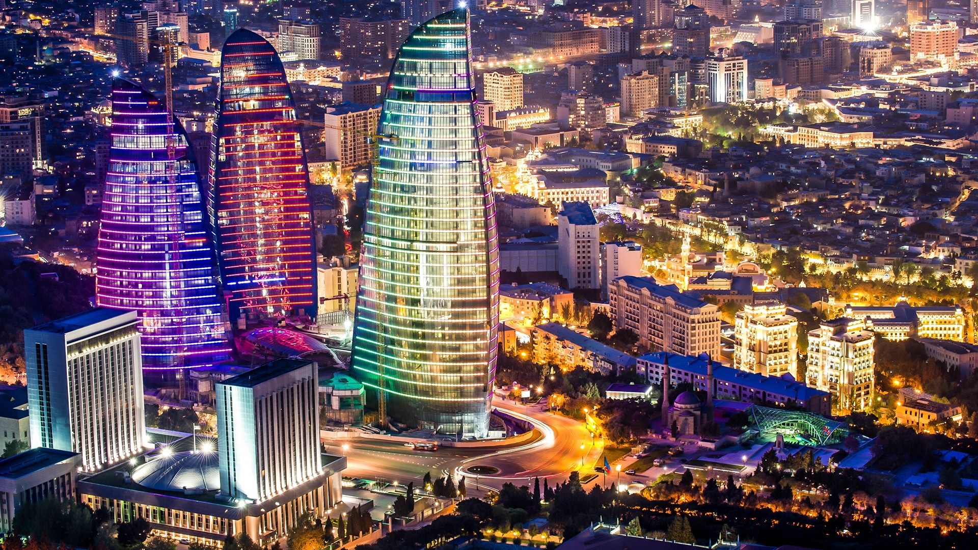 Flame Towers in Baku at night HD Wallpaper