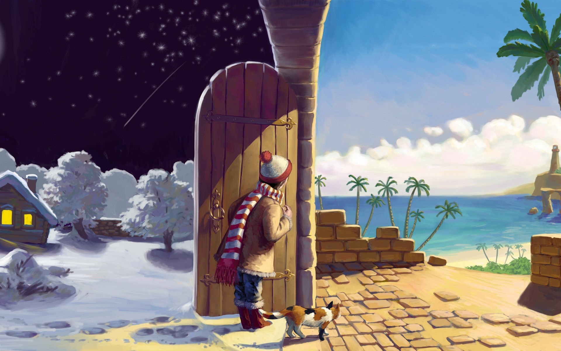 Child and cat at a doorway between winter and summer HD Wallpaper