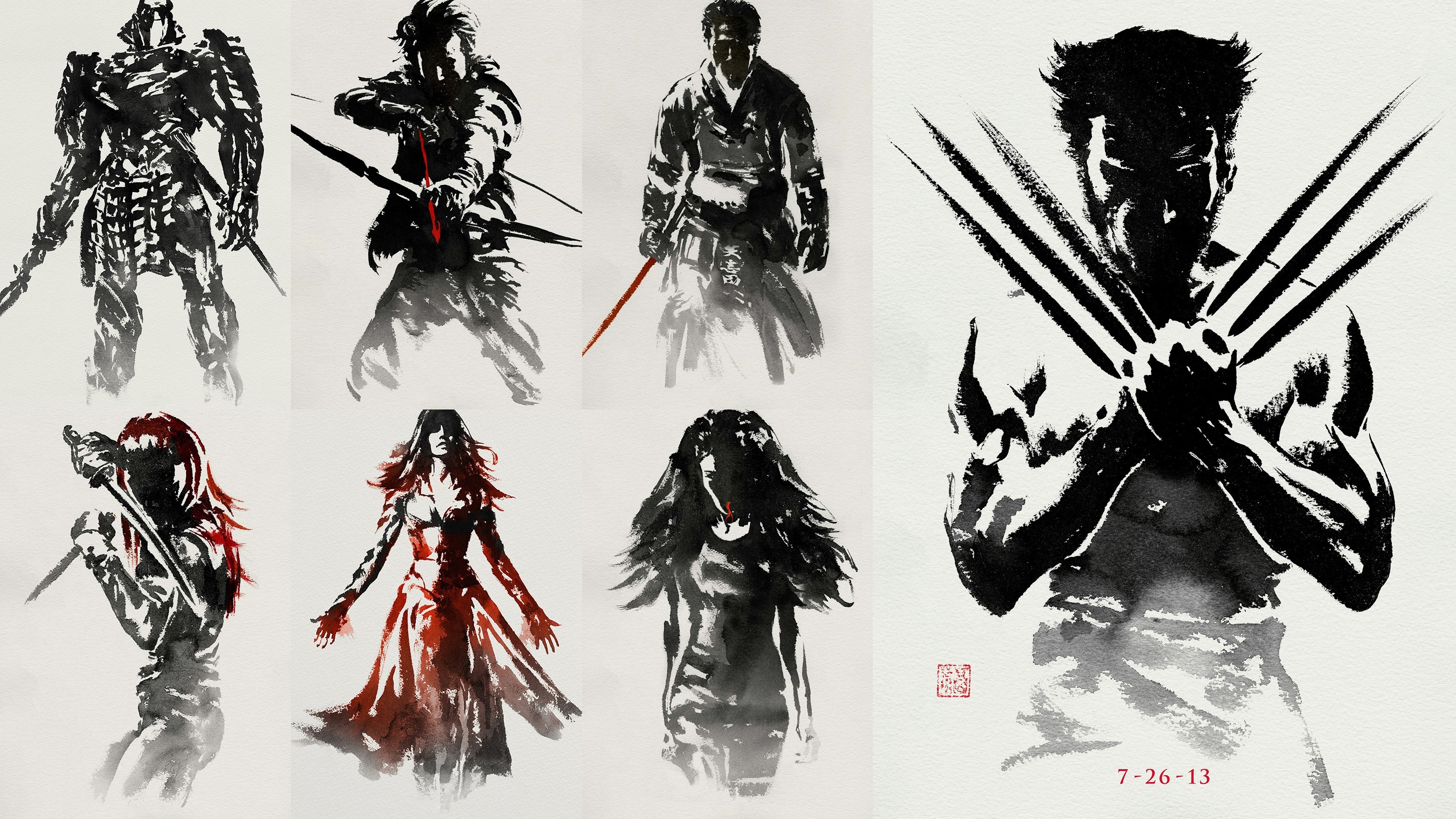 Wolverine and other characters in ink wash style HD Wallpaper