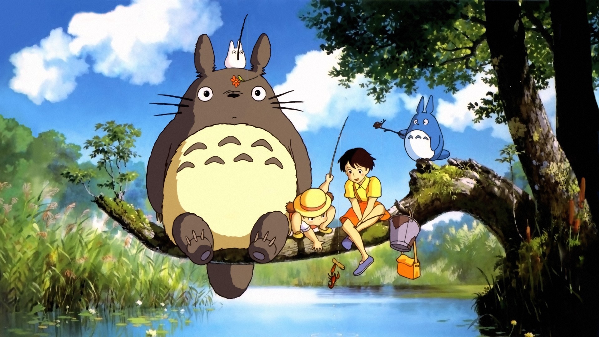 Totoro and friends fishing on a branch HD Wallpaper