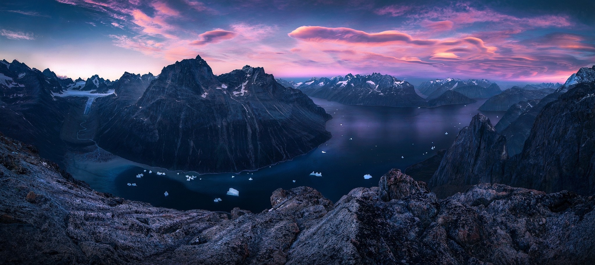 Panoramic view of a fjord in Greenland at sunset HD Wallpaper