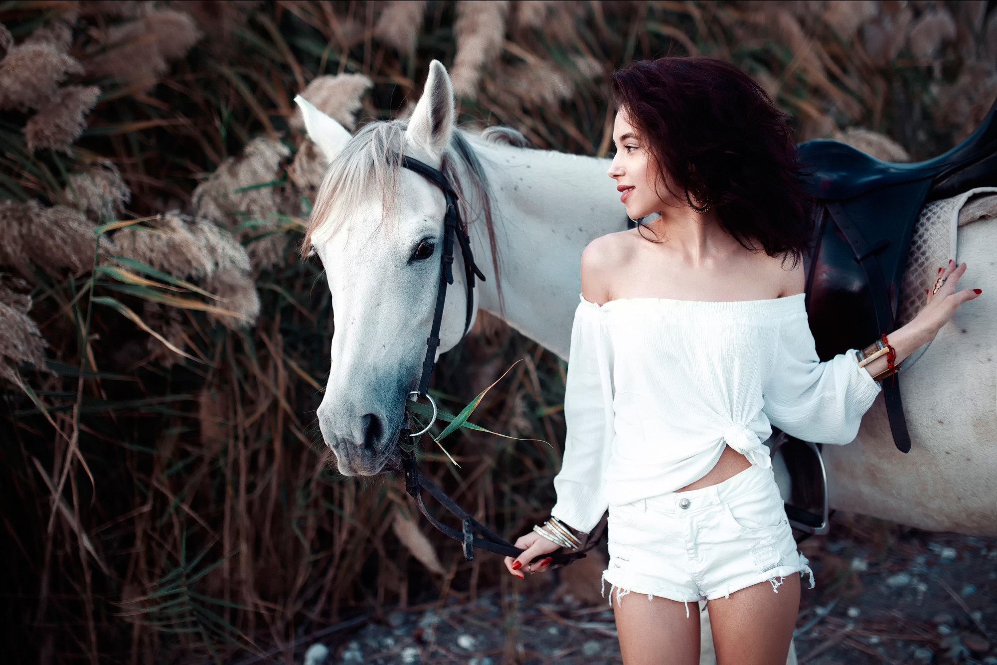 Woman in white outfit with a white horse HD Wallpaper