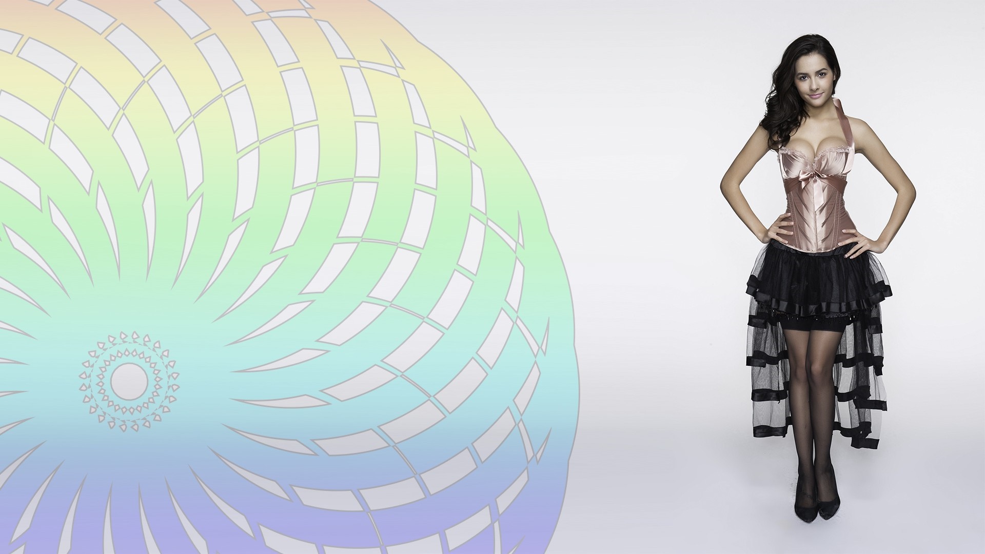 Woman in corset and skirt with rainbow pattern HD Wallpaper