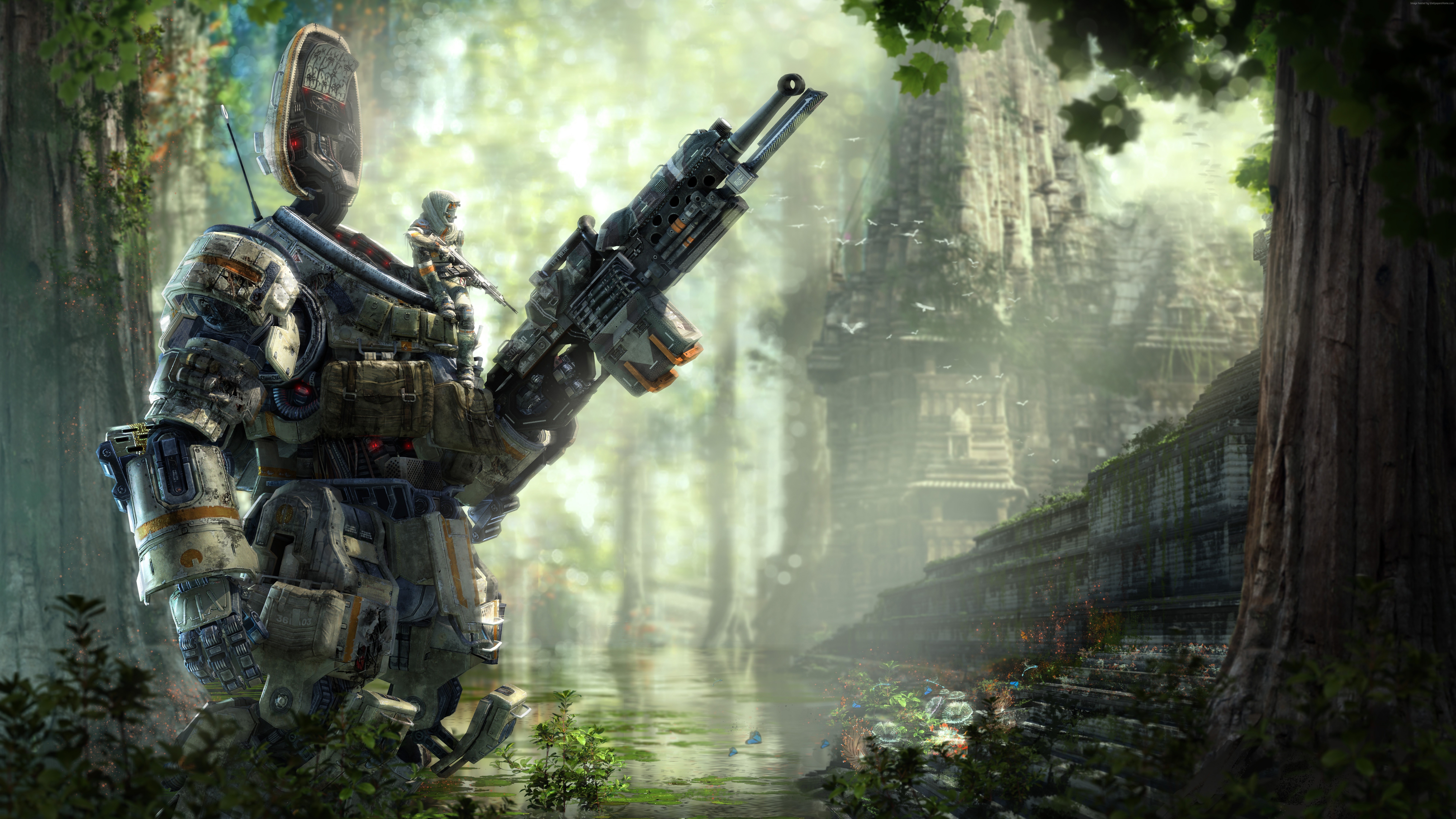 Titanfall 2 robot with rifle in jungle ruins HD Wallpaper