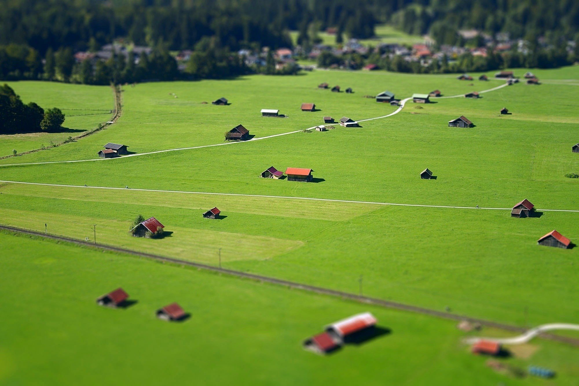 Tilt Shift Rural Landscape with Small Buildings HD Wallpaper