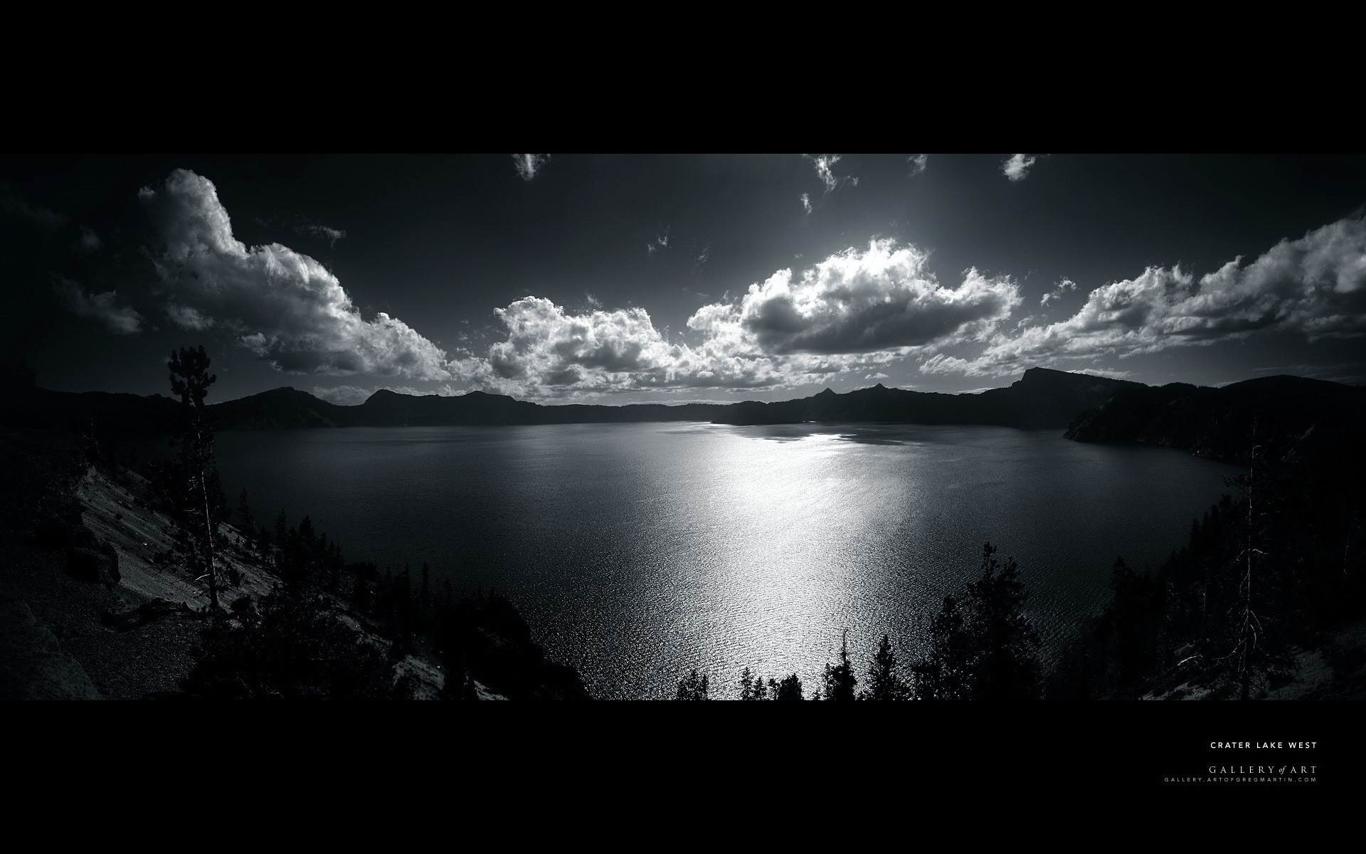 Crater Lake West monochrome landscape with clouds HD Wallpaper