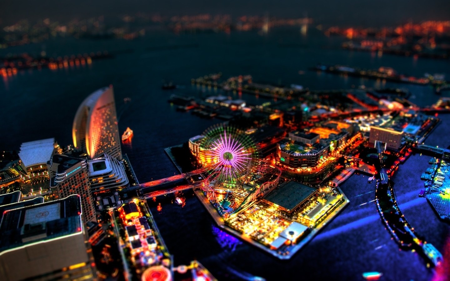 Yokohama cityscape at night with Ferris wheel and buildings HD Wallpaper