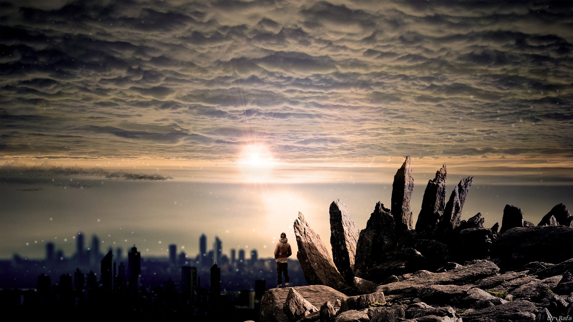 Man on rocks overlooking city at sunset HD Wallpaper