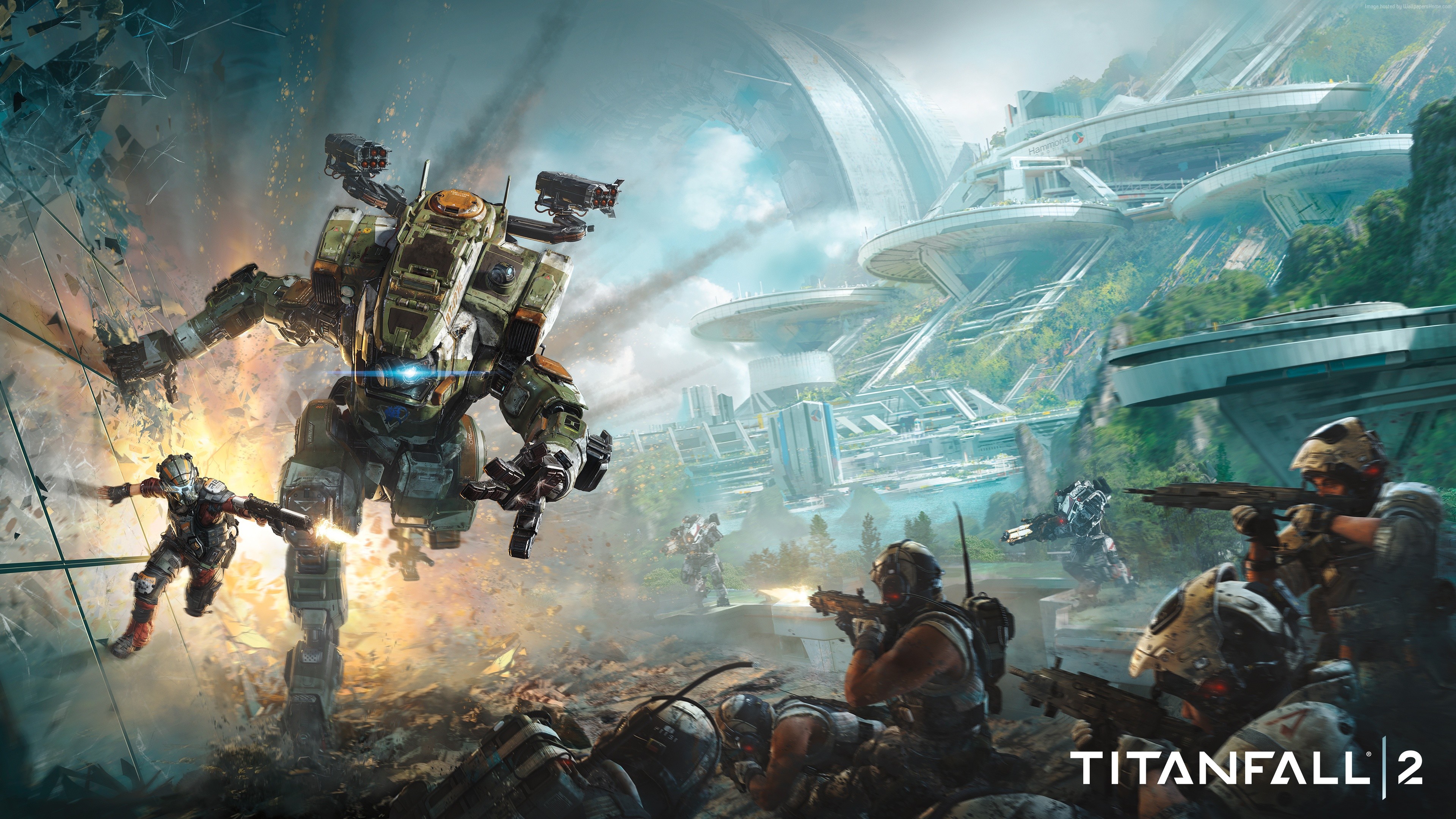 Titanfall 2 soldiers and titan in battle HD Wallpaper