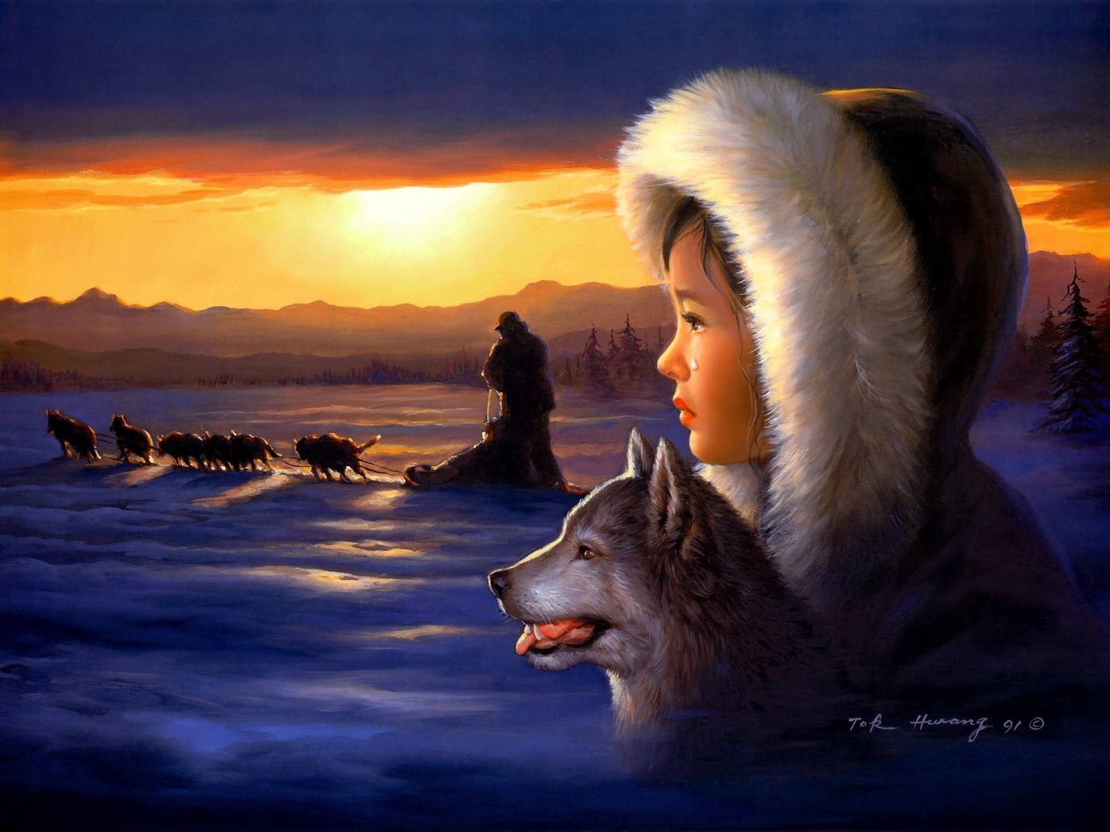 Girl and dog watch sled dogs at sunset HD Wallpaper