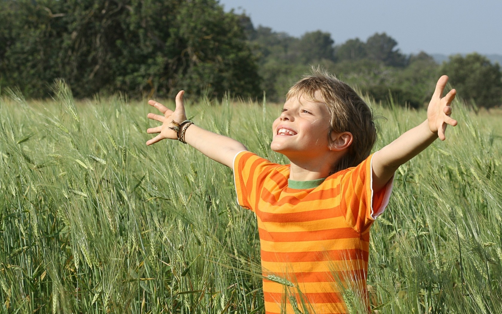 Boy with arms outstretched in a field HD Wallpaper