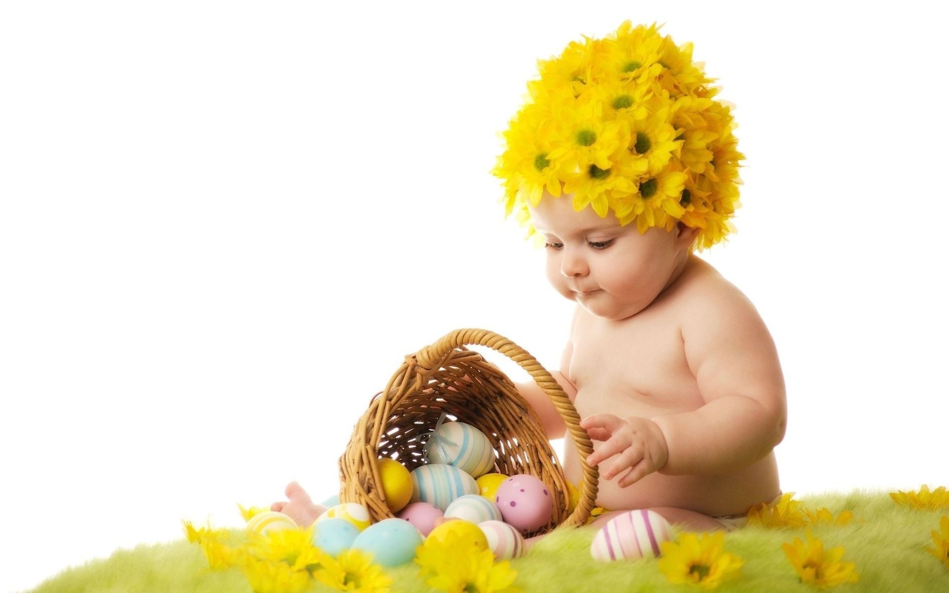 Baby with flower hat and Easter eggs HD Wallpaper