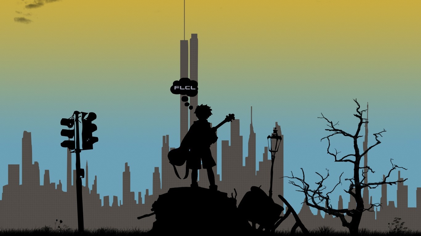 Silhouette of a boy with a guitar and FLCL thought bubble in a city skyline at sunset HD Wallpaper