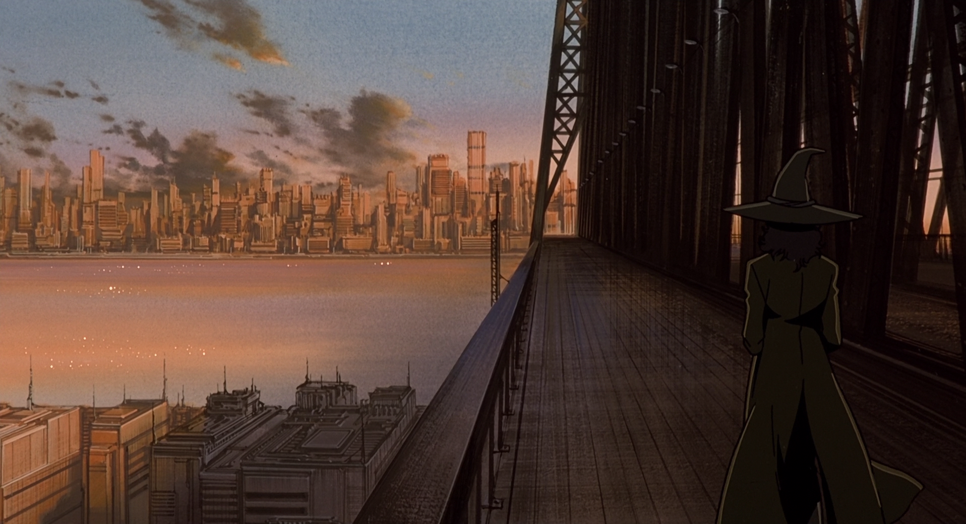 Faye Valentine on a bridge overlooking a futuristic cityscape at sunset HD Wallpaper