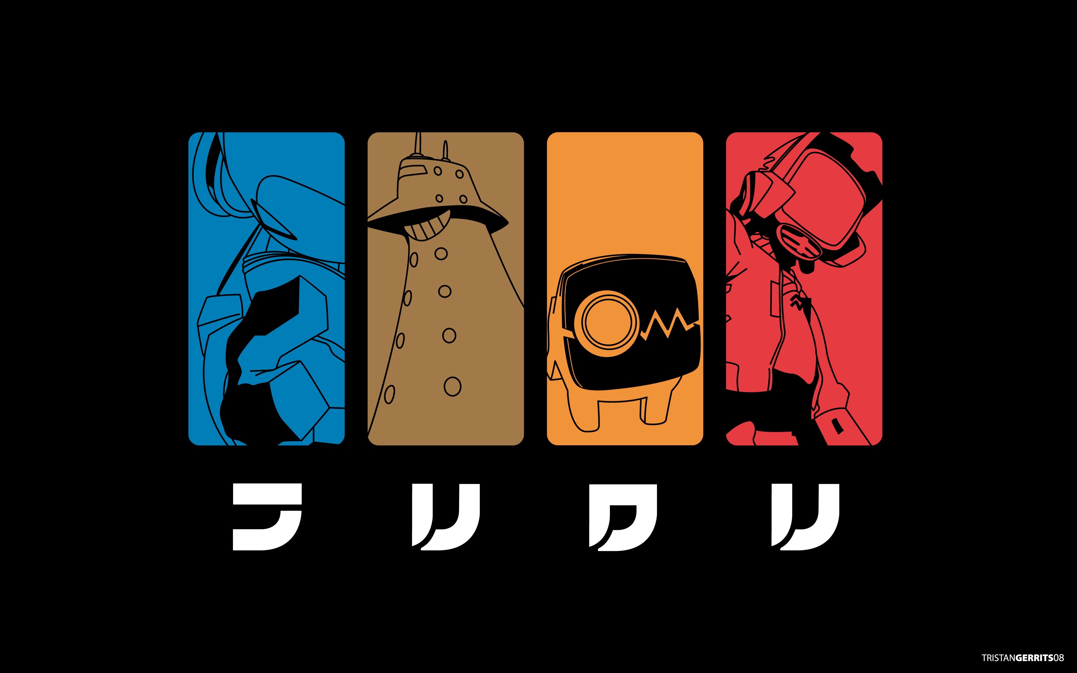 FLCL characters in colored panels with Japanese text HD Wallpaper