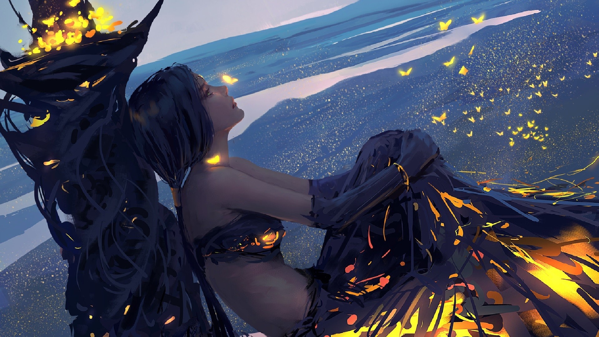 Woman in dark dress with glowing butterflies HD Wallpaper