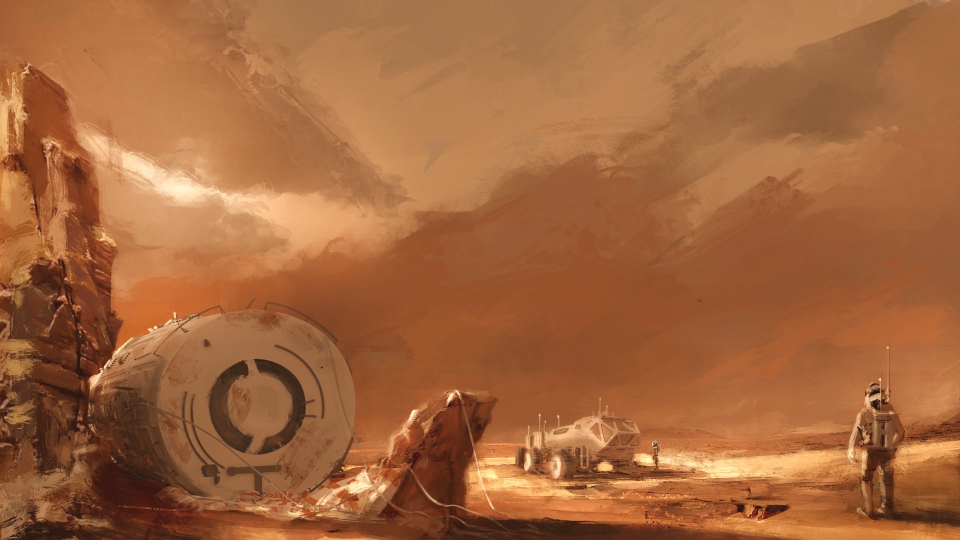 Astronauts on a desolate planet with crashed spacecraft HD Wallpaper