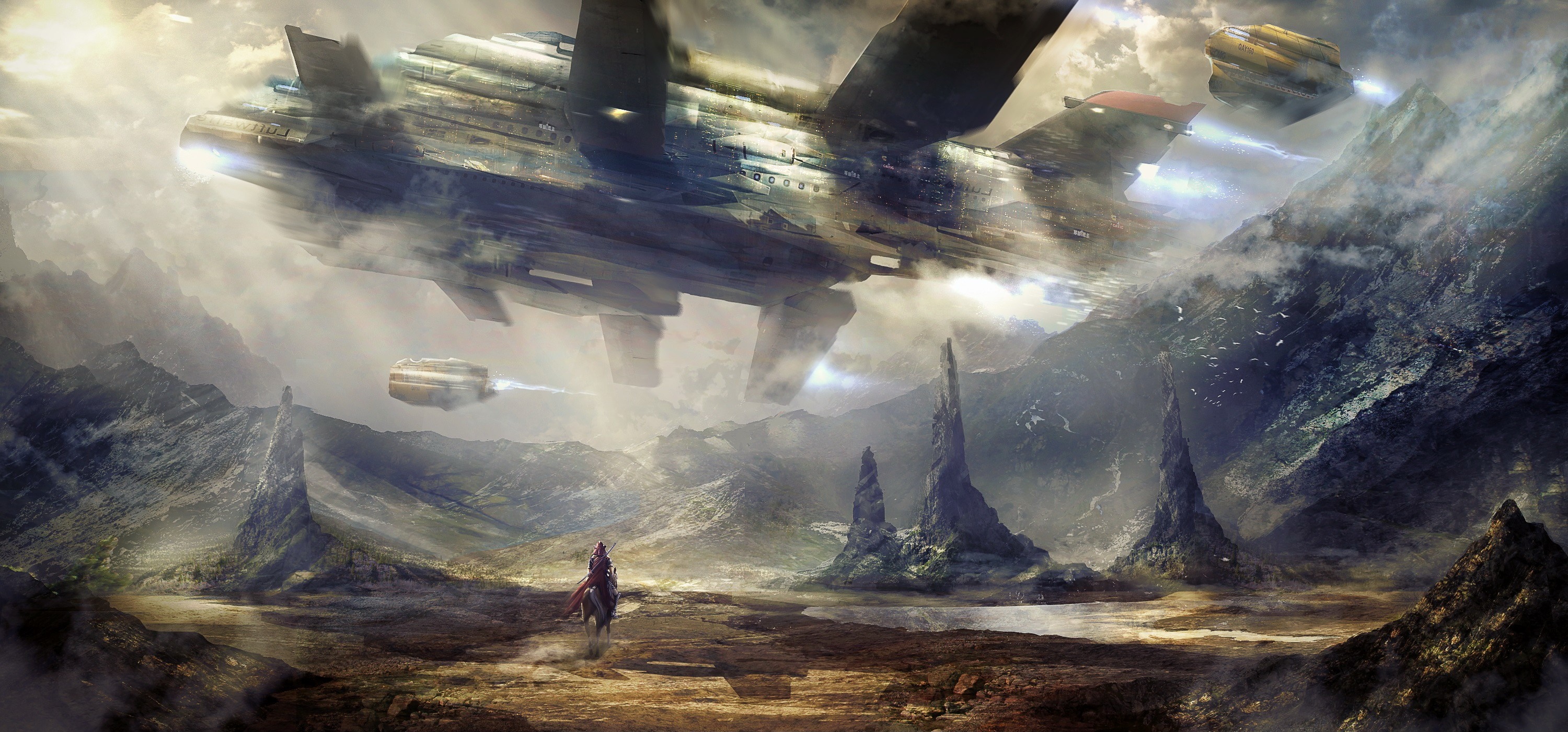 Futuristic ships flying over a mountainous landscape with a person on horseback HD Wallpaper