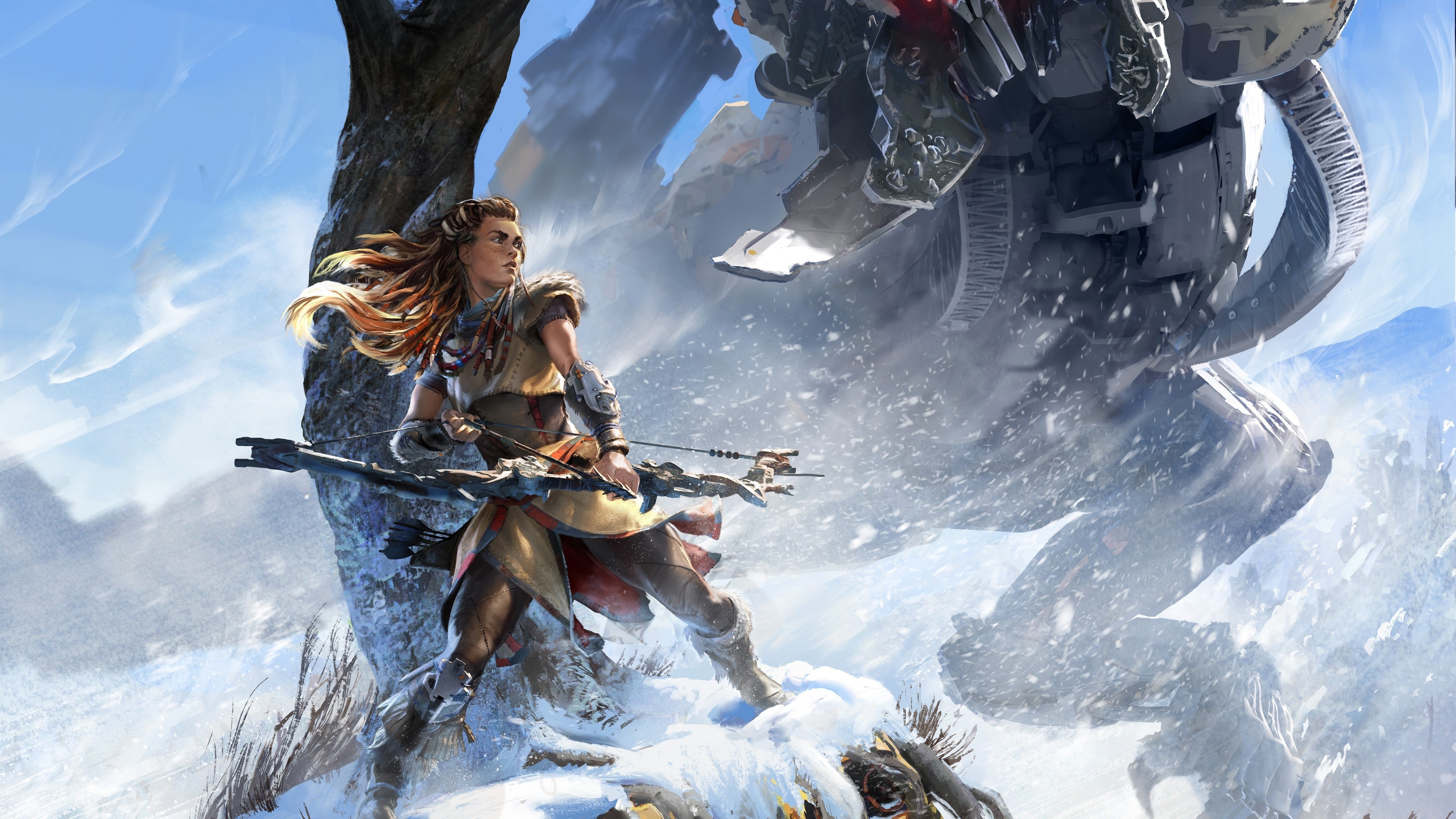 Aloy from Horizon Zero Dawn in a snowy landscape HD Wallpaper