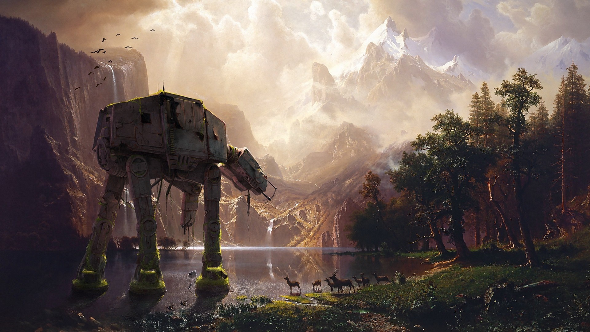 AT-AT Walker in a Mountain Landscape with Deer HD Wallpaper