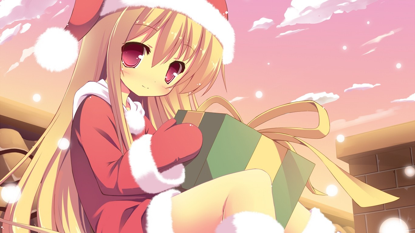 Anime girl in Santa costume holding a gift HD Wallpaper