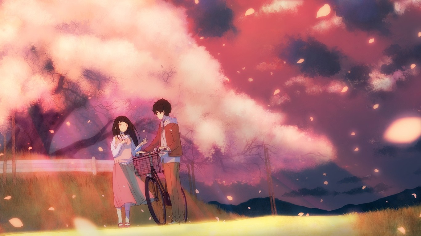 Chitanda Eru and Oreki Houtarou from Hyouka with a bicycle HD Wallpaper