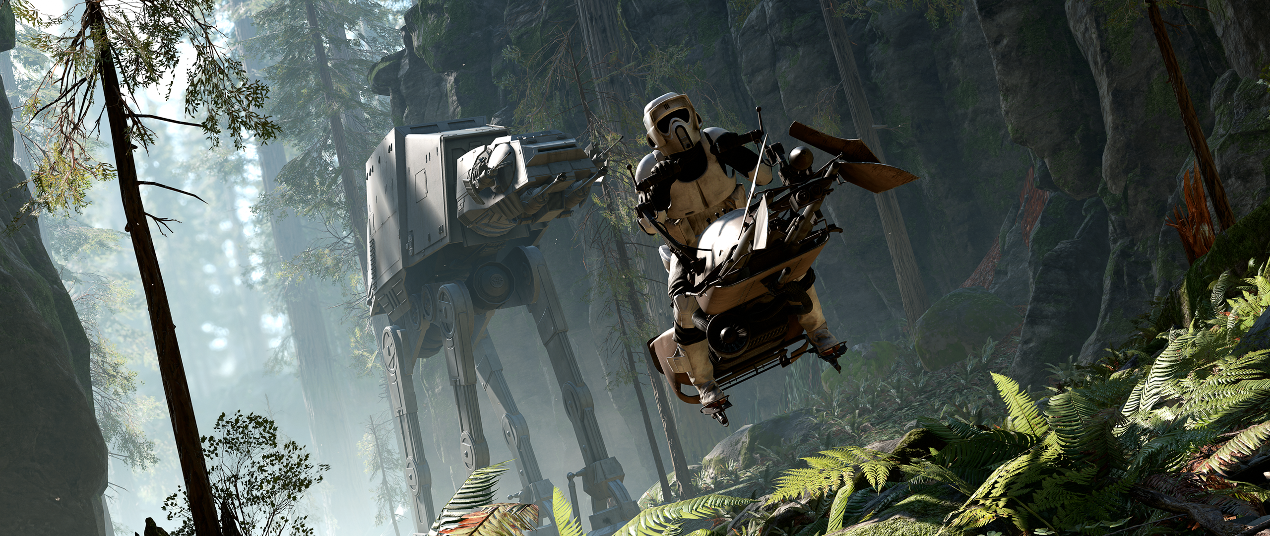 Scout Trooper on Speeder Bike with AT-AT in Forest HD Wallpaper