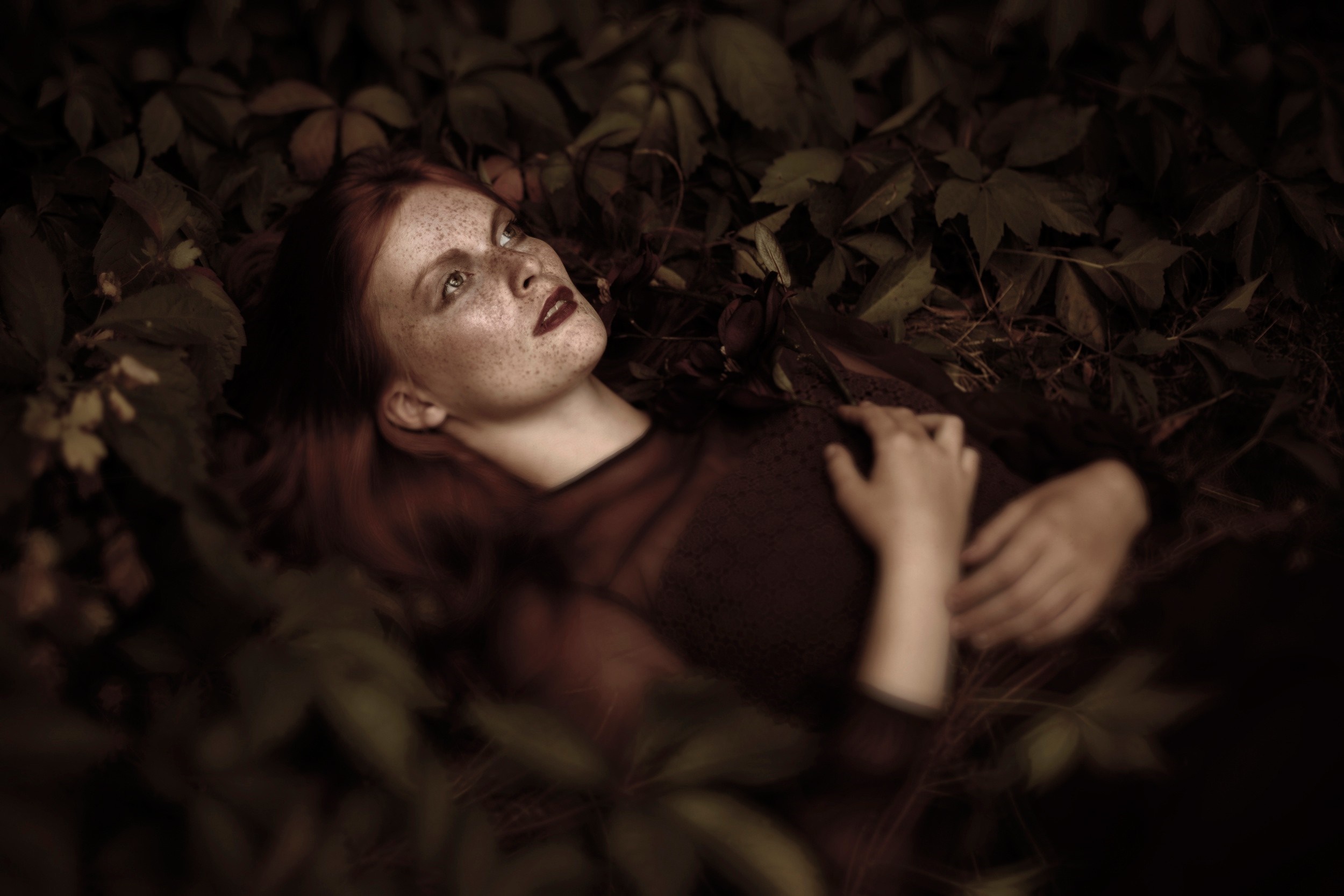 Woman with red hair and freckles lying in leaves HD Wallpaper