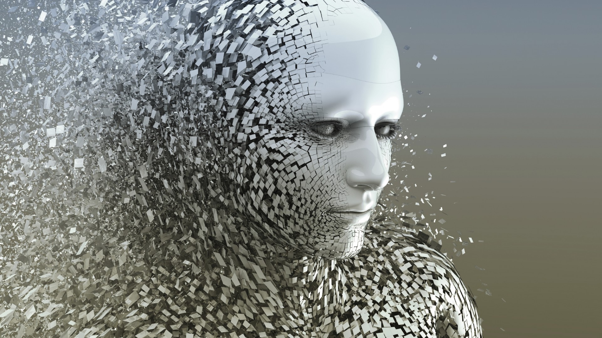 Fragmenting human sculpture with metallic squares HD Wallpaper