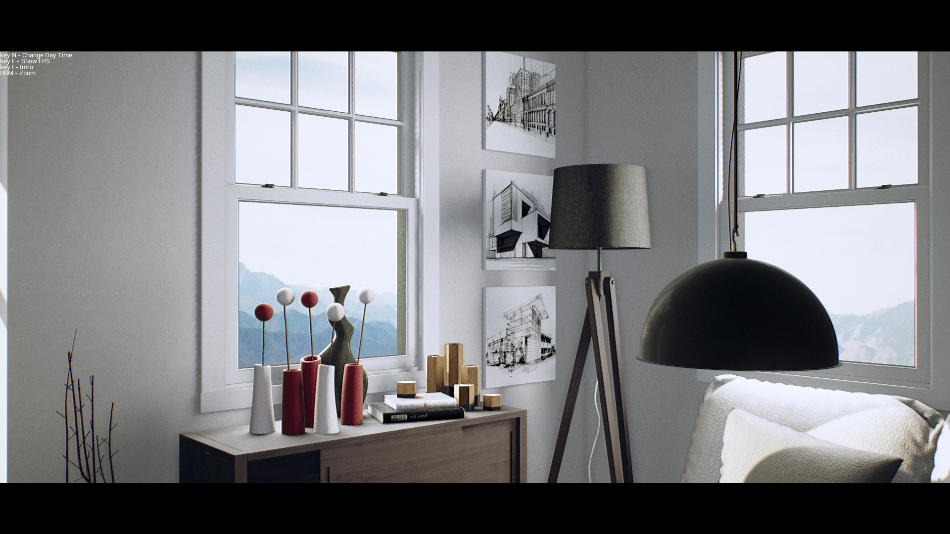 Interior design of a living room with windows and furniture HD Wallpaper