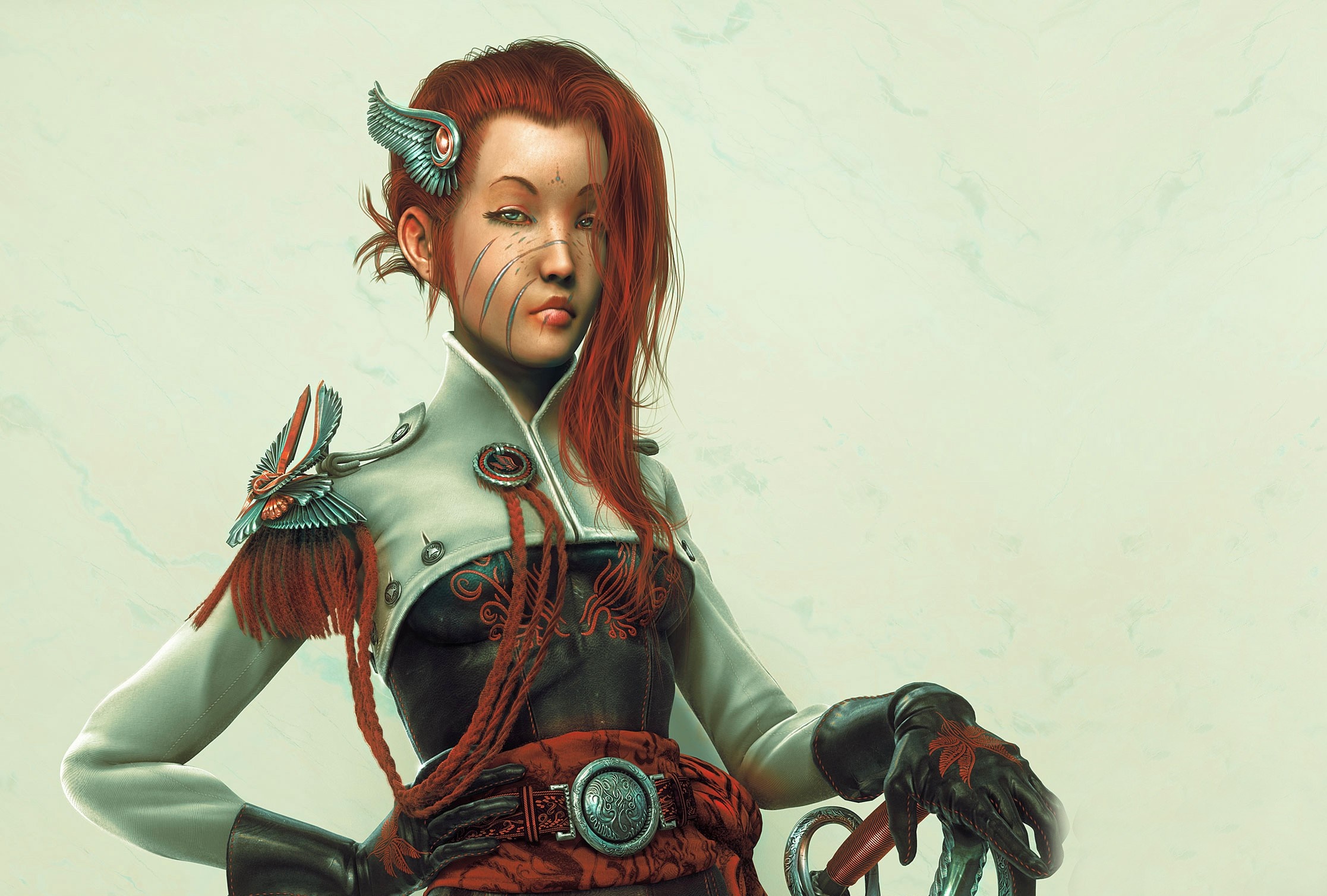 Fantasy woman warrior with red hair and ornate uniform HD Wallpaper