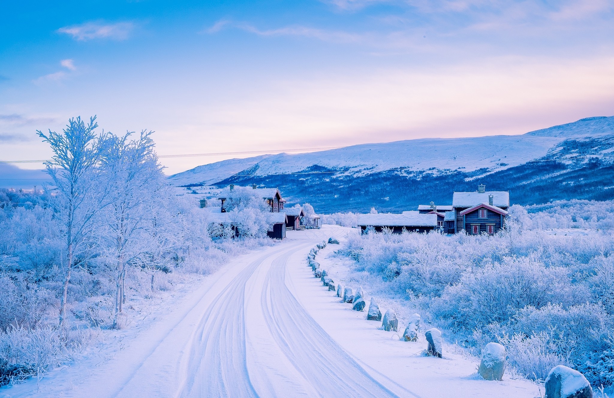 Snowy road leading to houses in a winter landscape HD Wallpaper