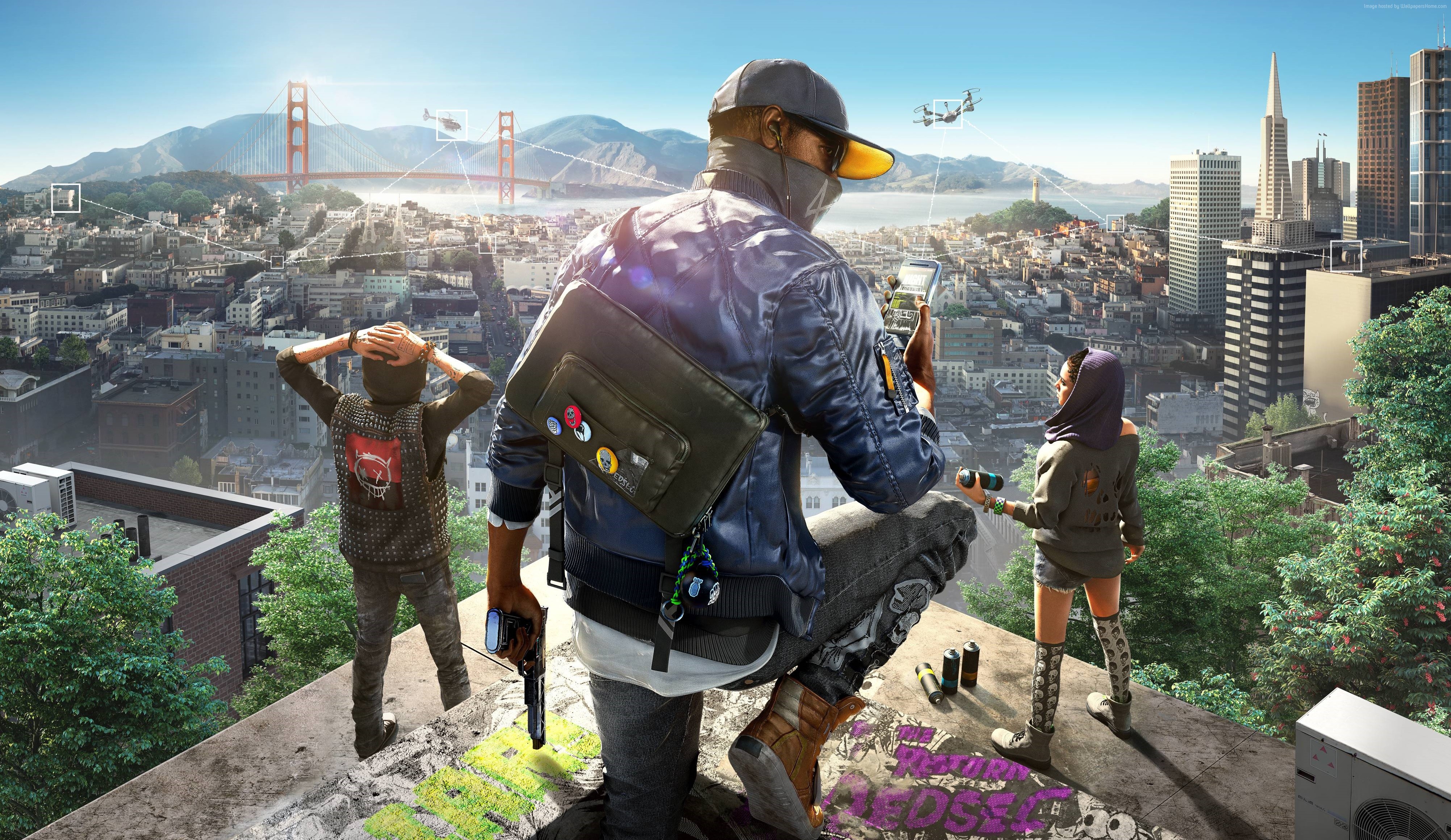 Watch Dogs 2 characters overlooking San Francisco HD Wallpaper