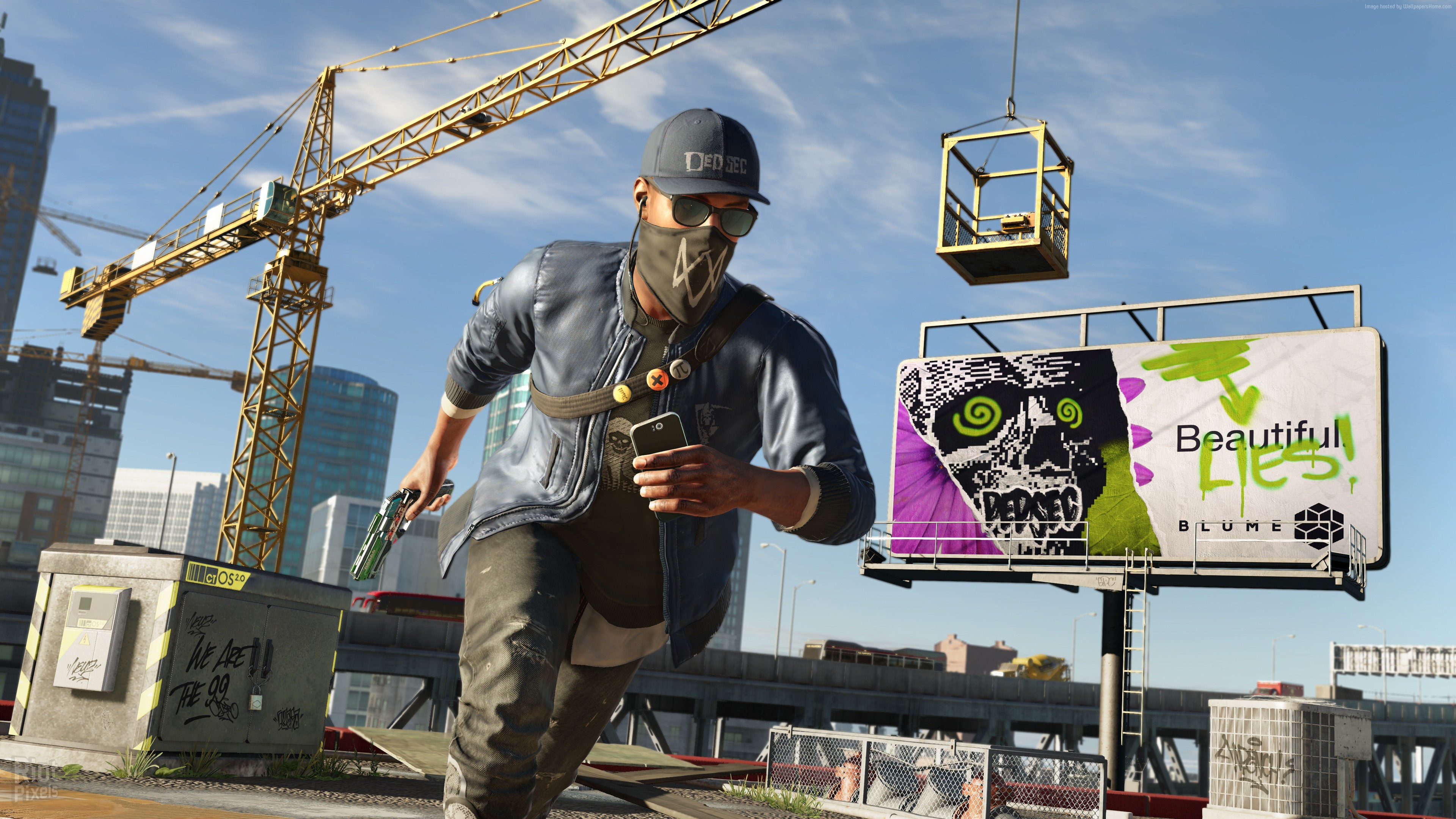 Marcus Holloway from Watch Dogs 2 running with a gun HD Wallpaper