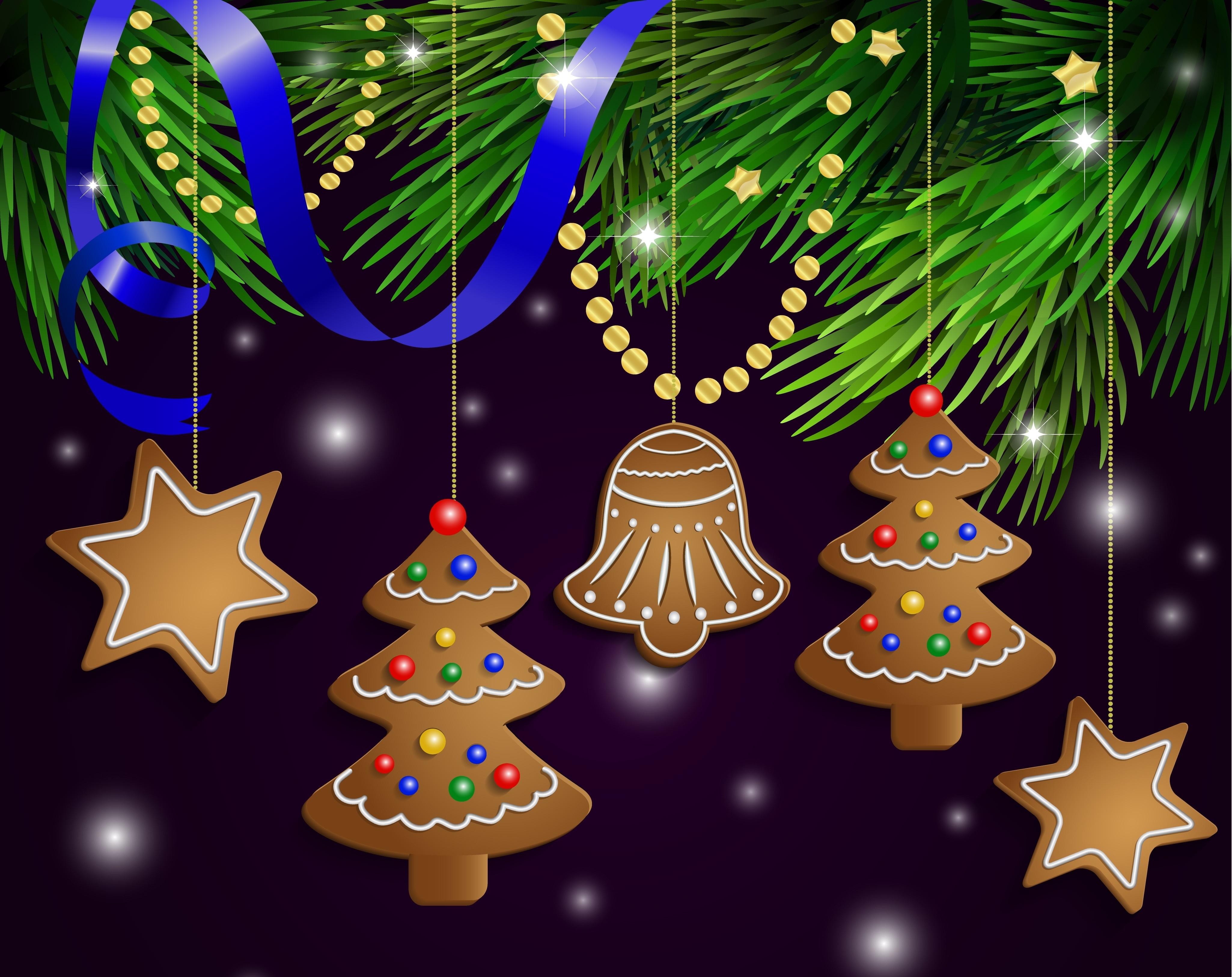 Christmas gingerbread cookies hanging on a tree HD Wallpaper