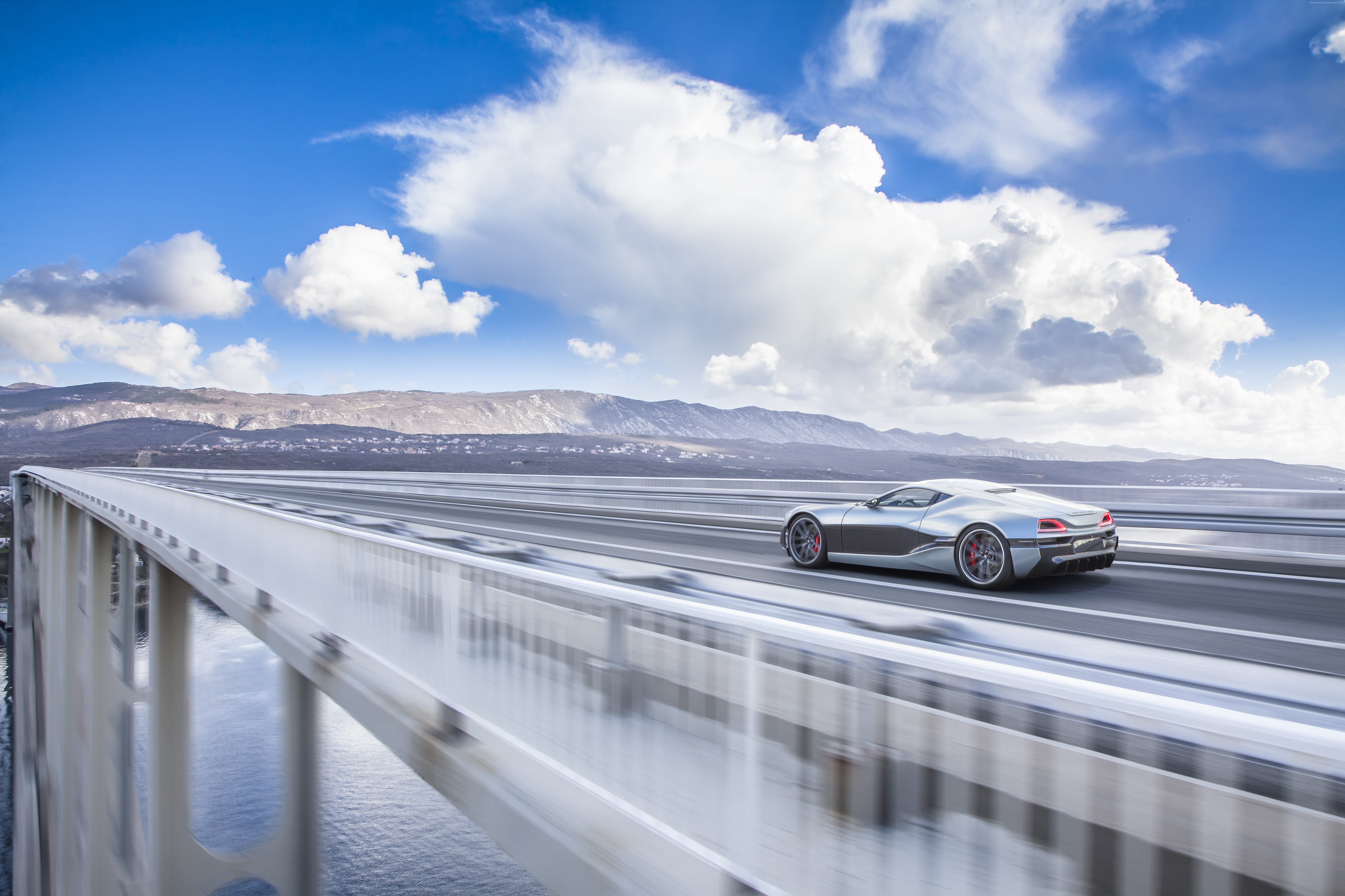 Rimac Concept 1 electric supercar on a bridge HD Wallpaper