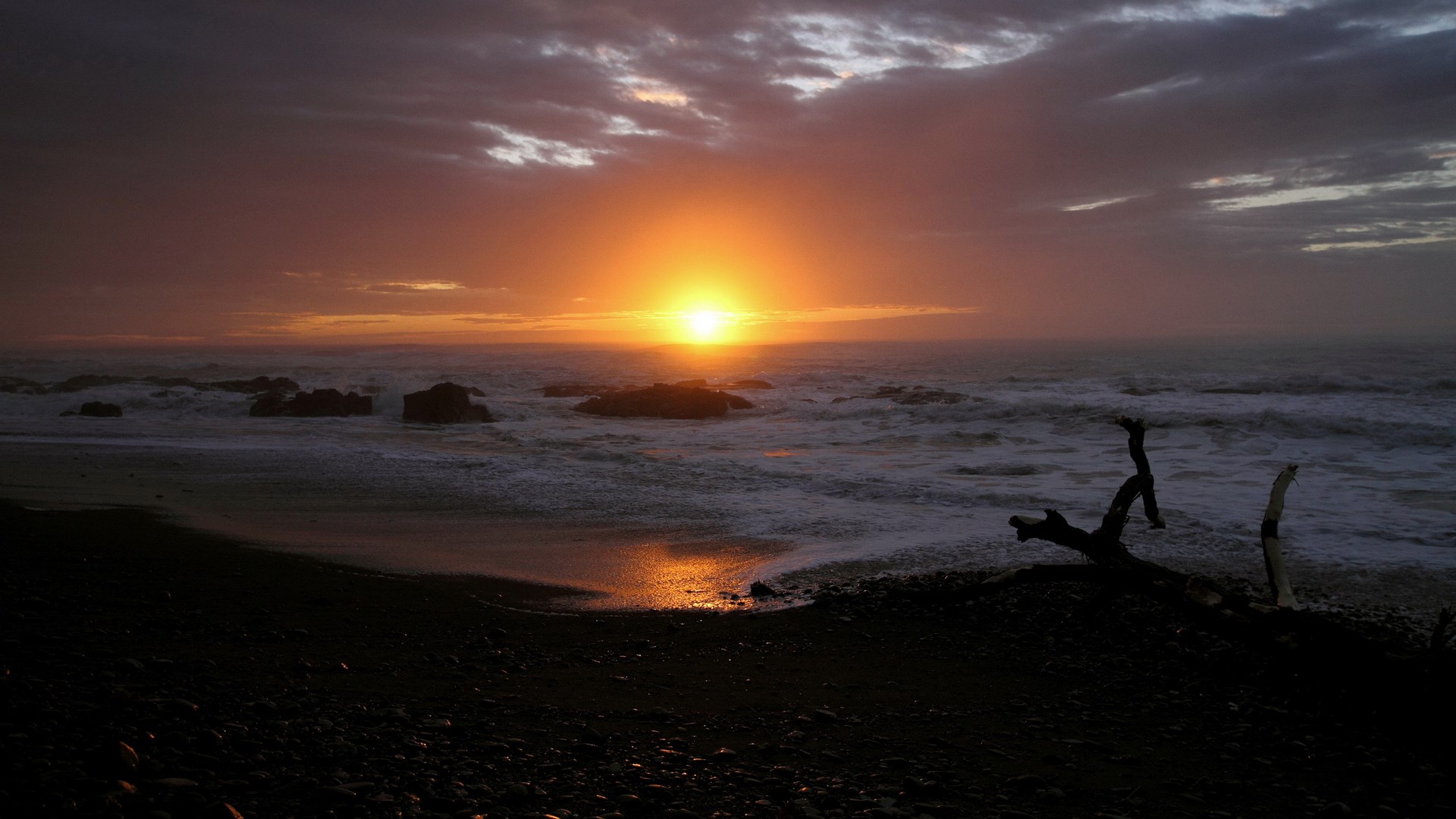 Sunset over the ocean with rocks and driftwood HD Wallpaper