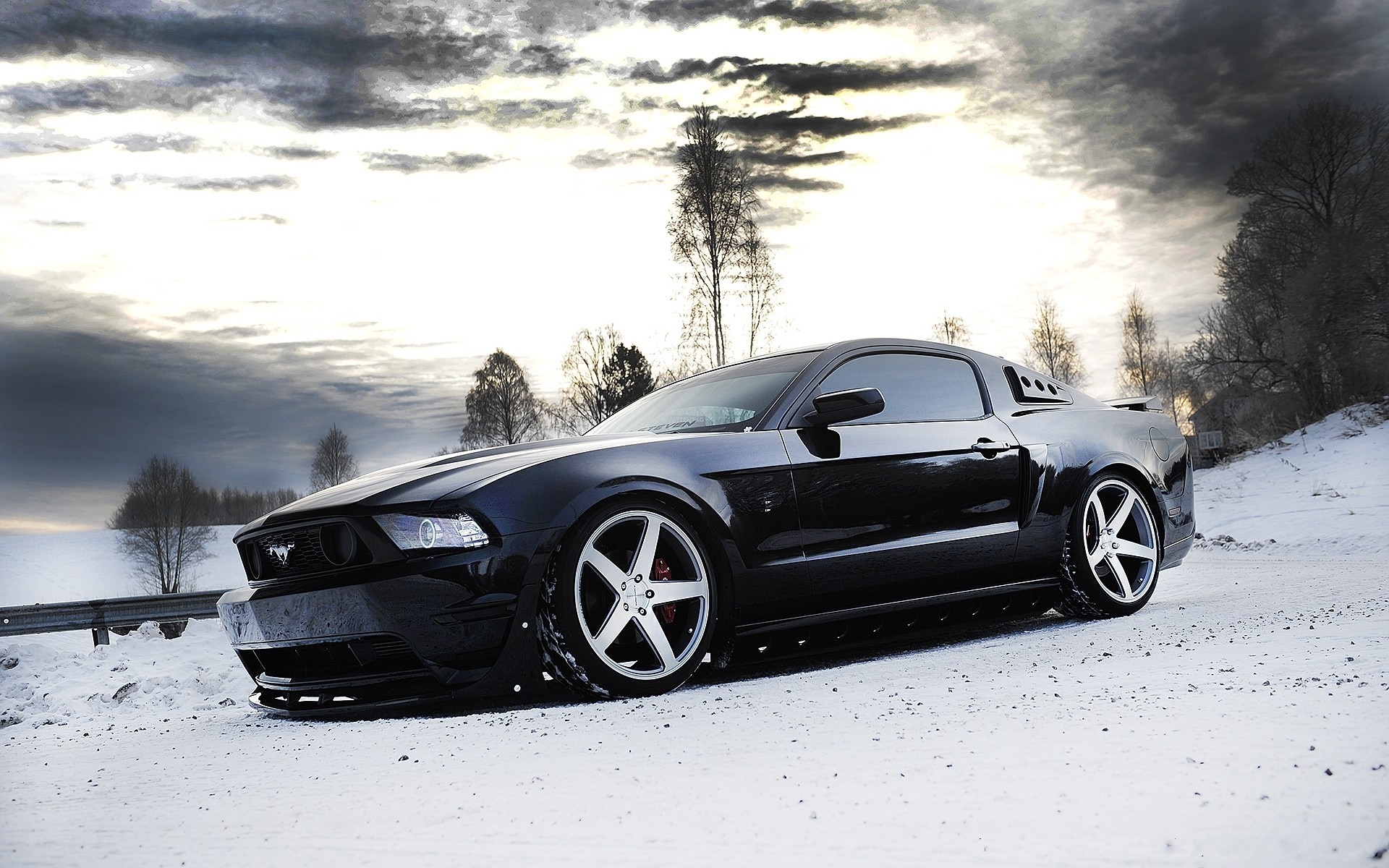 Black Ford Mustang in a Snowy Landscape HD Wallpaper