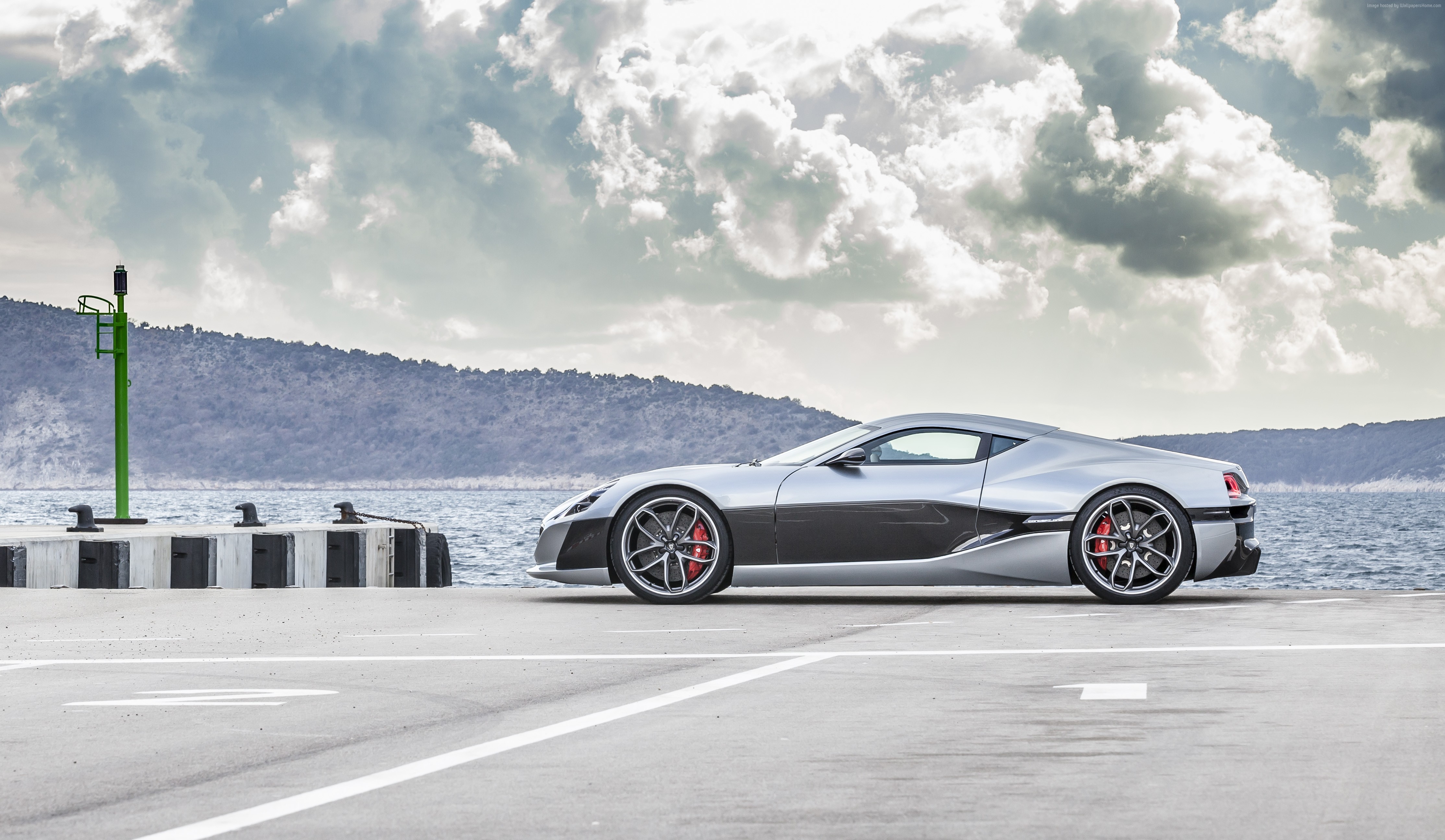 Rimac Concept One electric supercar on a dock HD Wallpaper