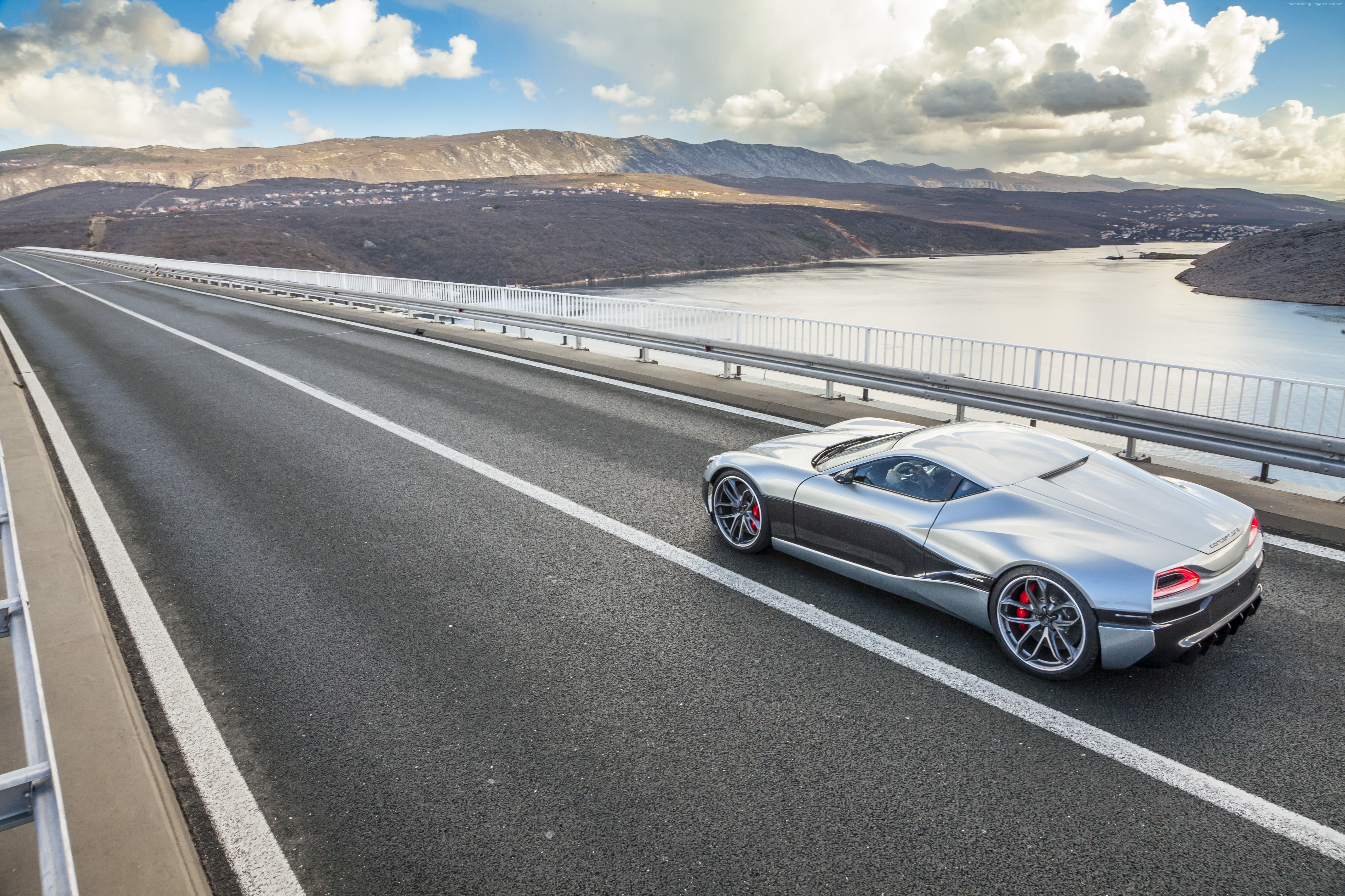 Rimac Concept 1 electric supercar on a bridge HD Wallpaper