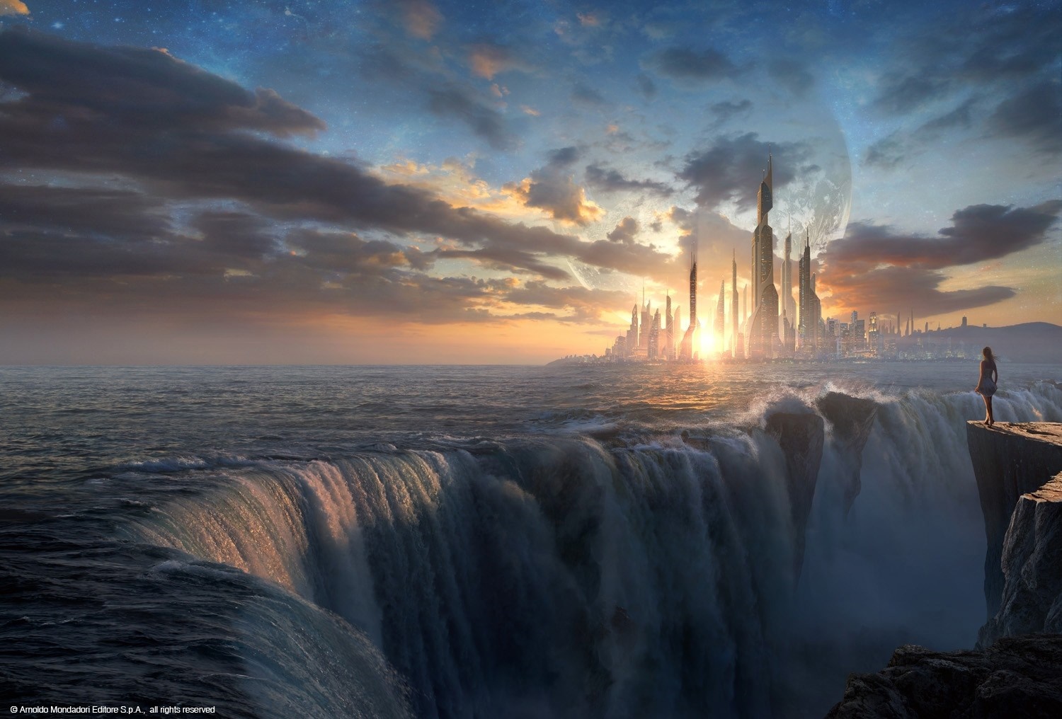 Futuristic city on a cliff overlooking a waterfall at sunset HD Wallpaper