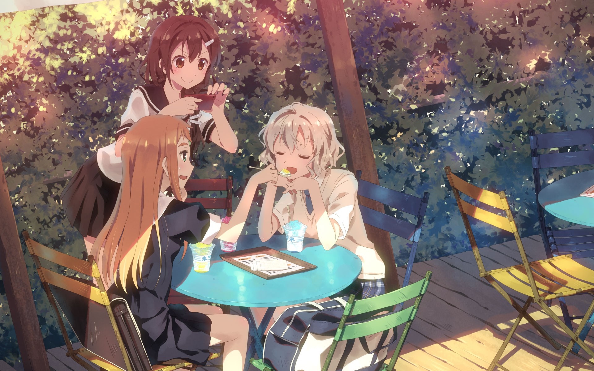 Anime girls enjoying shaved ice at an outdoor cafe HD Wallpaper