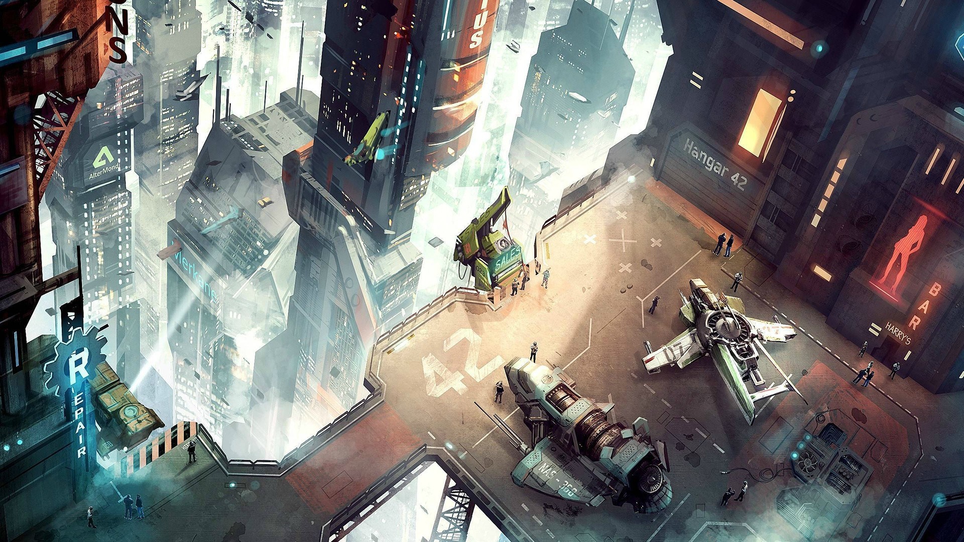 Science fiction cityscape with spaceships and a bar HD Wallpaper