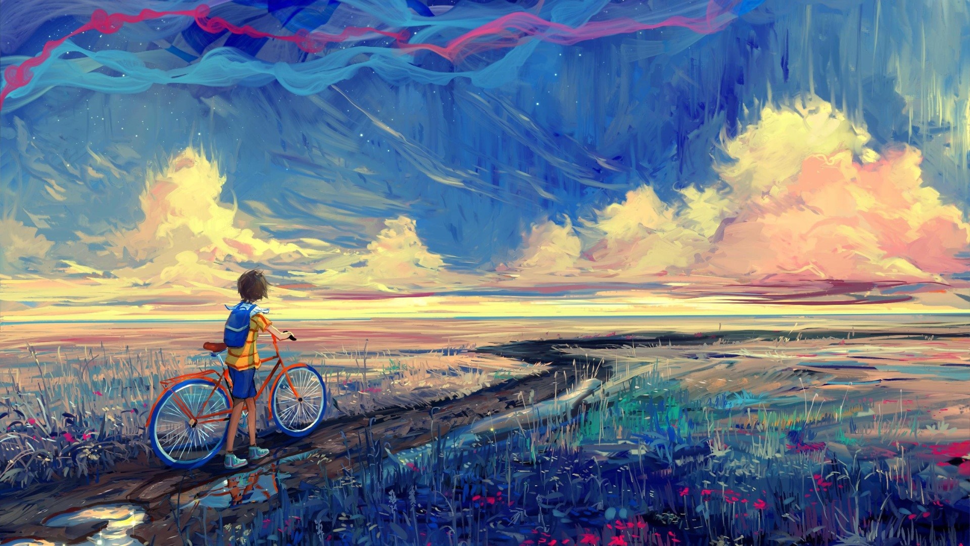 Child with bicycle in a fantastical landscape HD Wallpaper