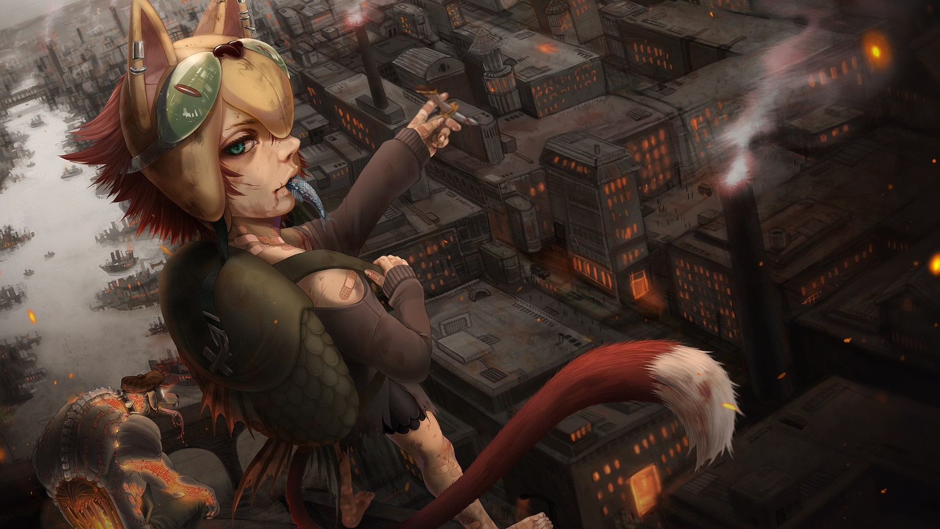 Fox girl in a steampunk city HD Wallpaper