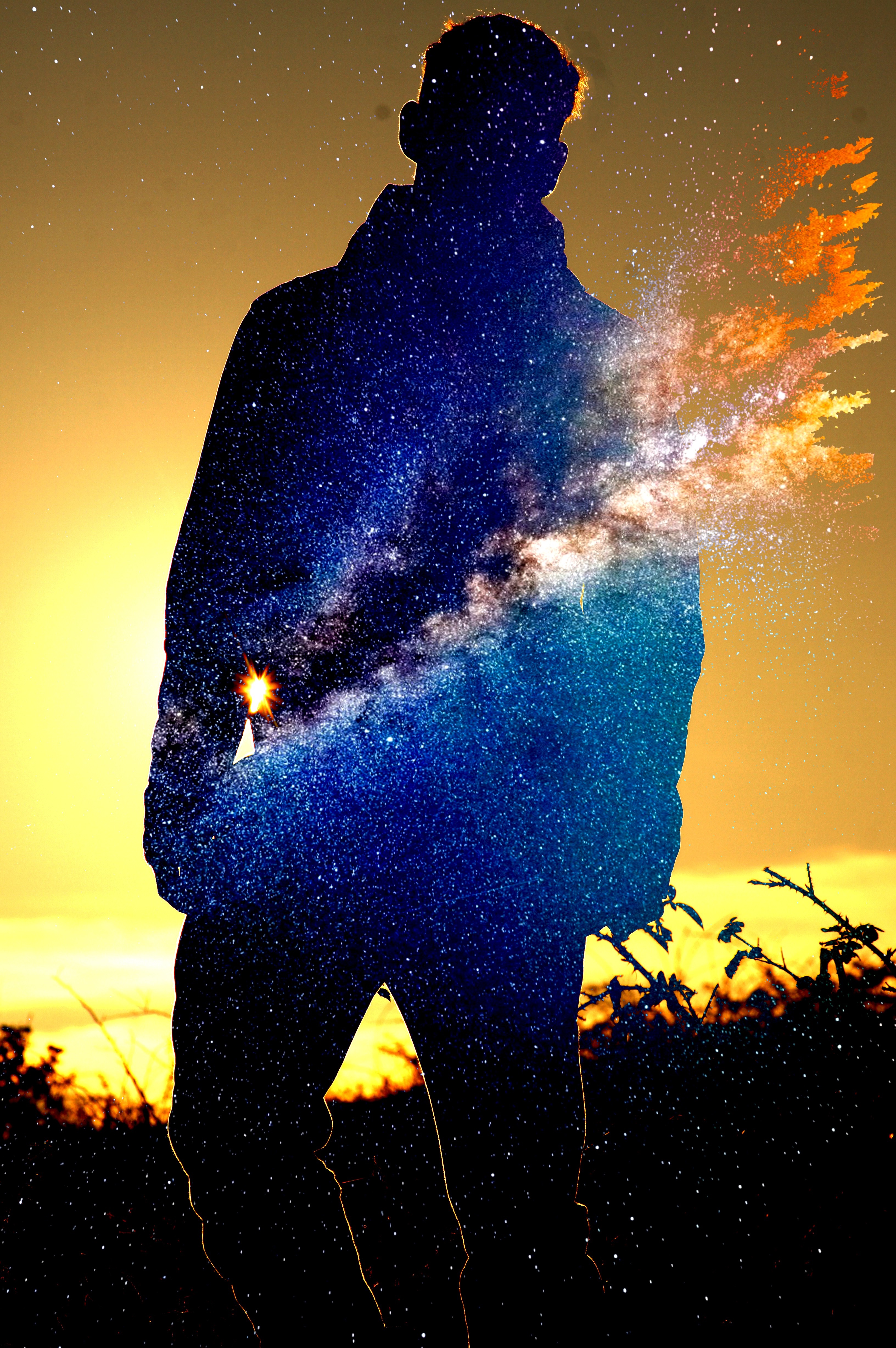 Silhouette of a person filled with galaxy and stars at sunset HD Wallpaper