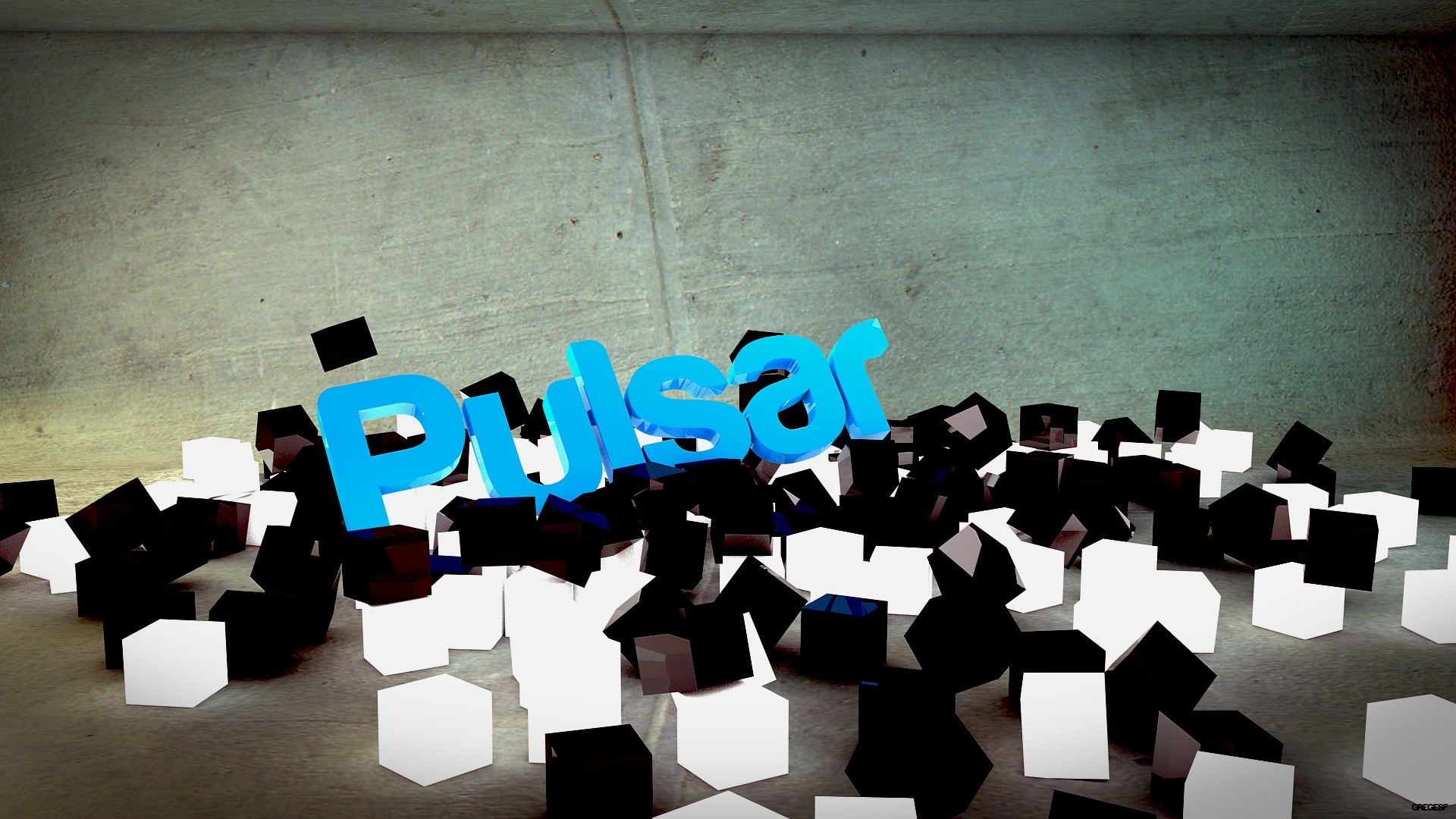 Blue "Pulsar" text among scattered black and white cubes HD Wallpaper