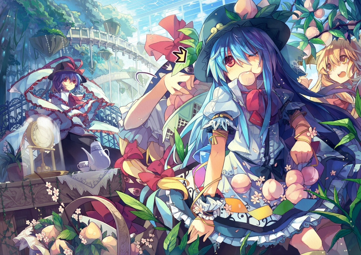Anime girls in a garden with peaches HD Wallpaper